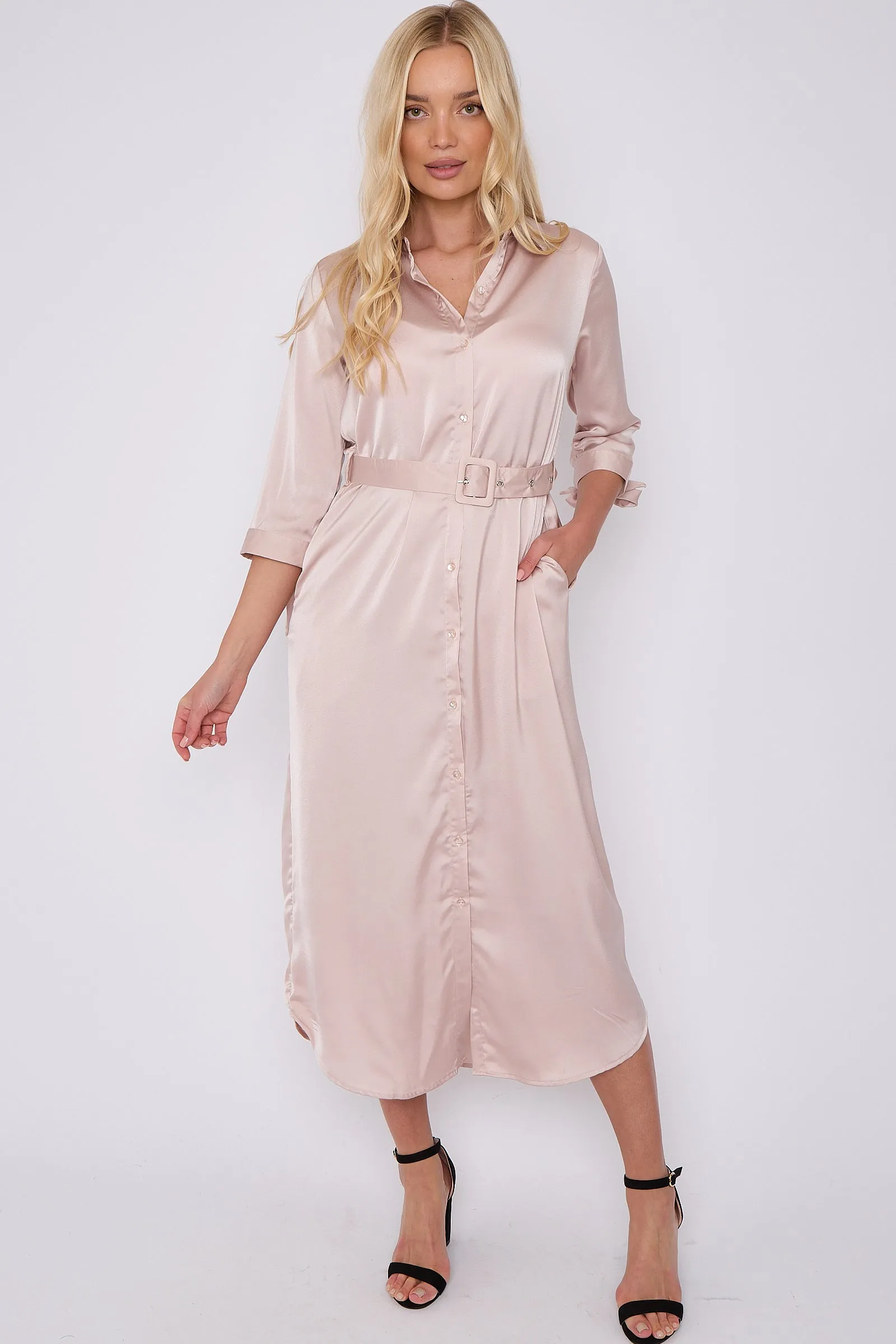 LOVE SUNSHINE Champagne Half Sleeve Belted Maxi Shirt Dress