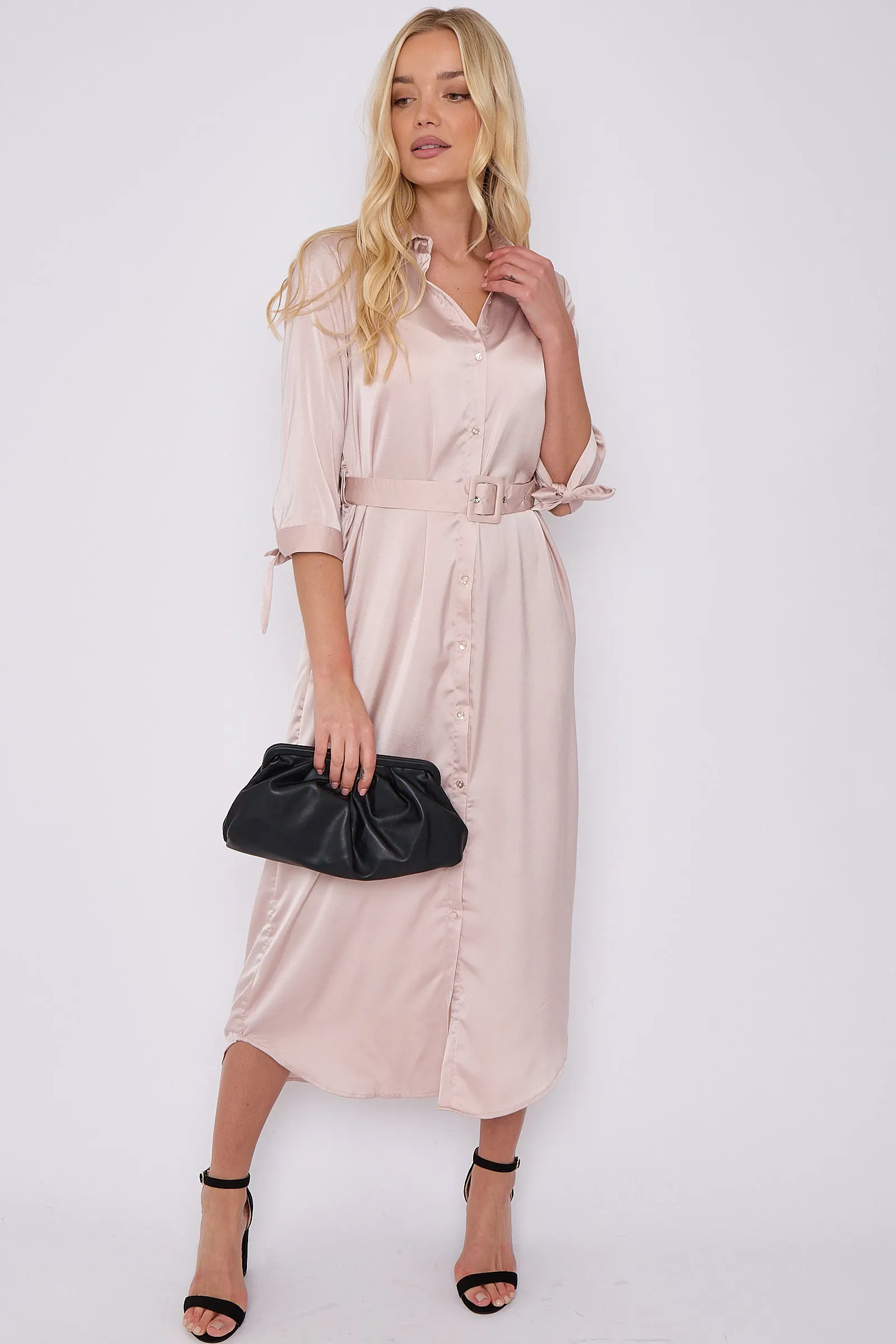 LOVE SUNSHINE Champagne Half Sleeve Belted Maxi Shirt Dress