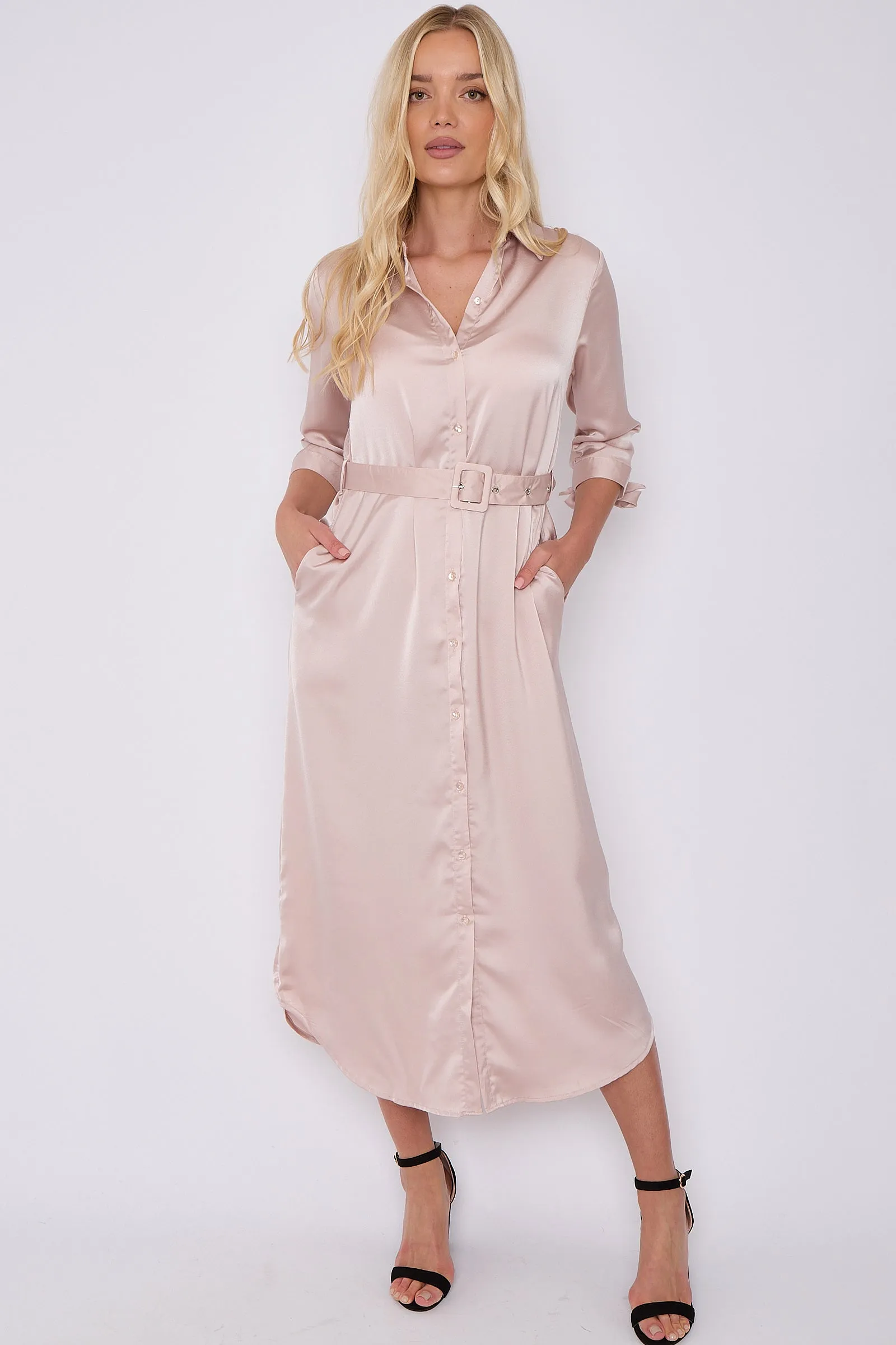 LOVE SUNSHINE Champagne Half Sleeve Belted Maxi Shirt Dress