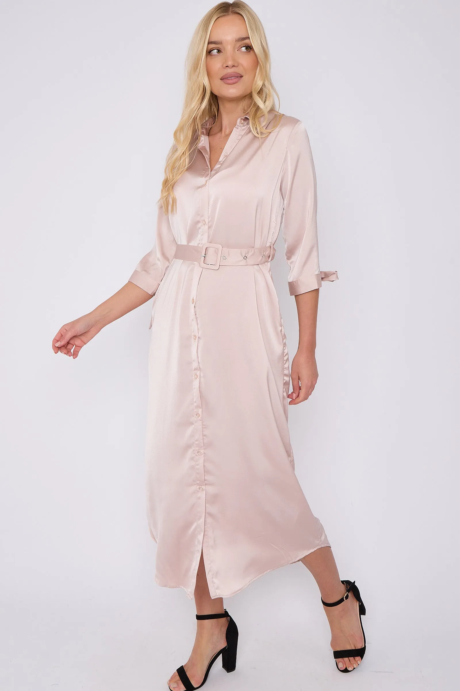 LOVE SUNSHINE Champagne Half Sleeve Belted Maxi Shirt Dress