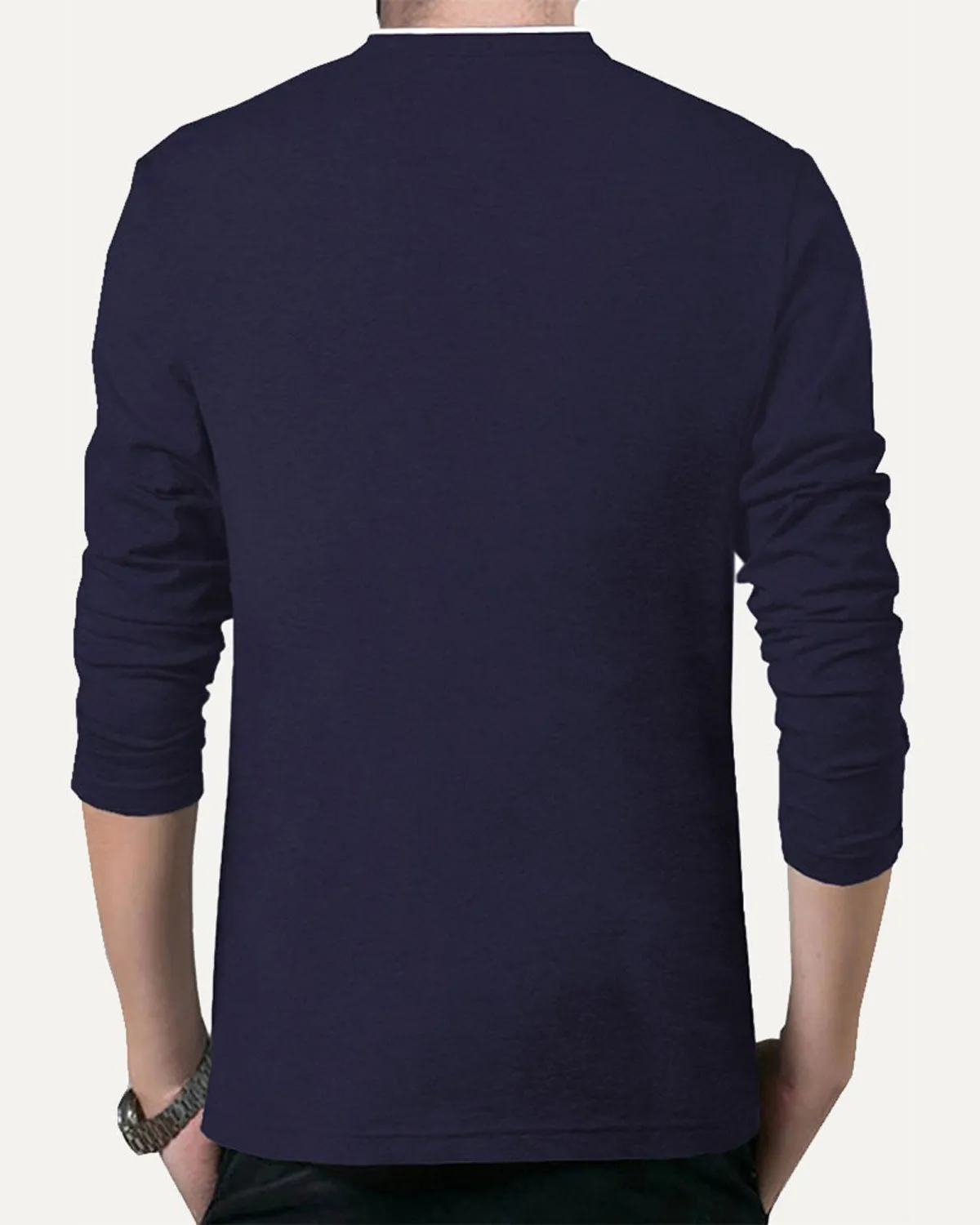 Men Plain Navy Blue White Piping Henley Full Sleeve T-shirt