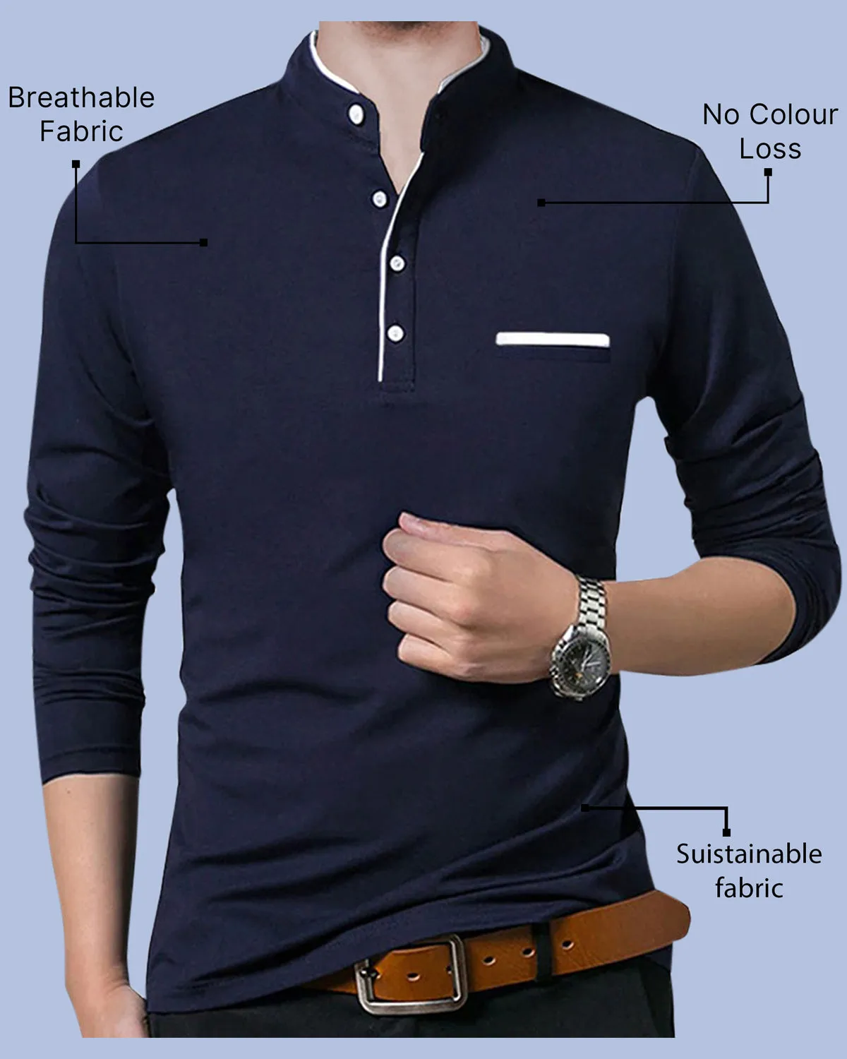 Men Plain Navy Blue White Piping Henley Full Sleeve T-shirt