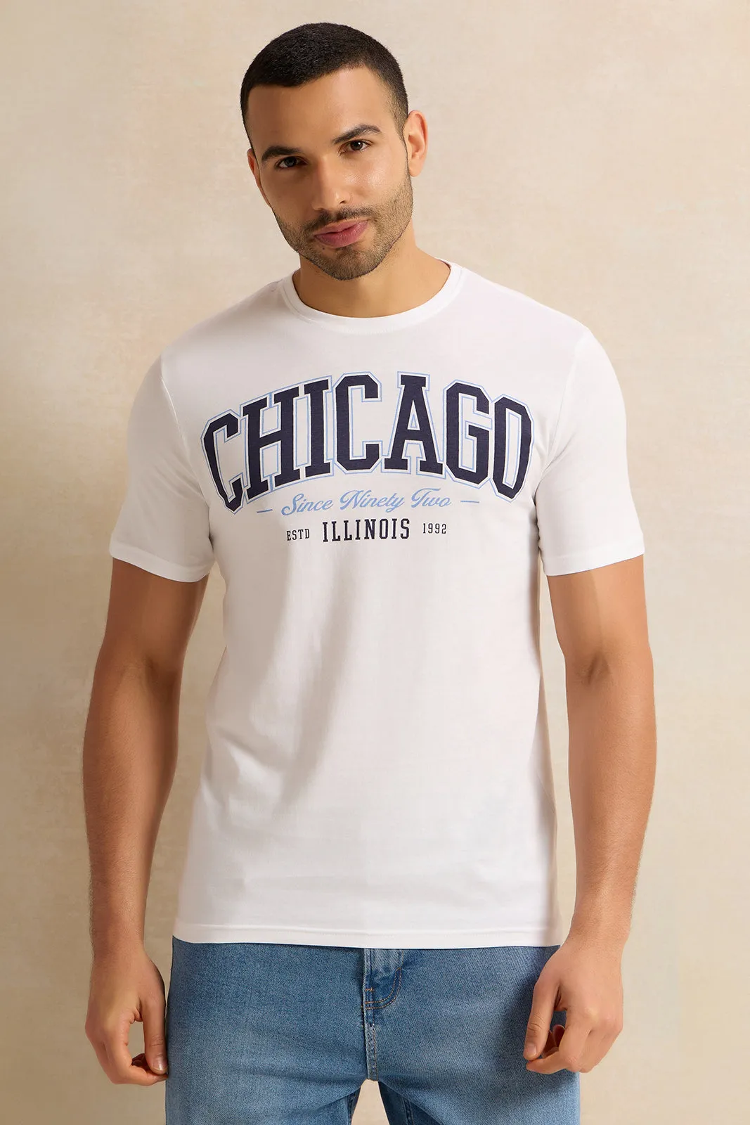 Men White Chicago Print T-Shirt