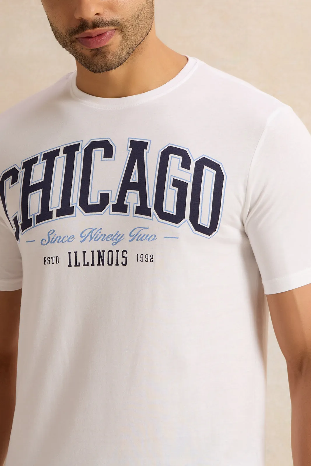 Men White Chicago Print T-Shirt