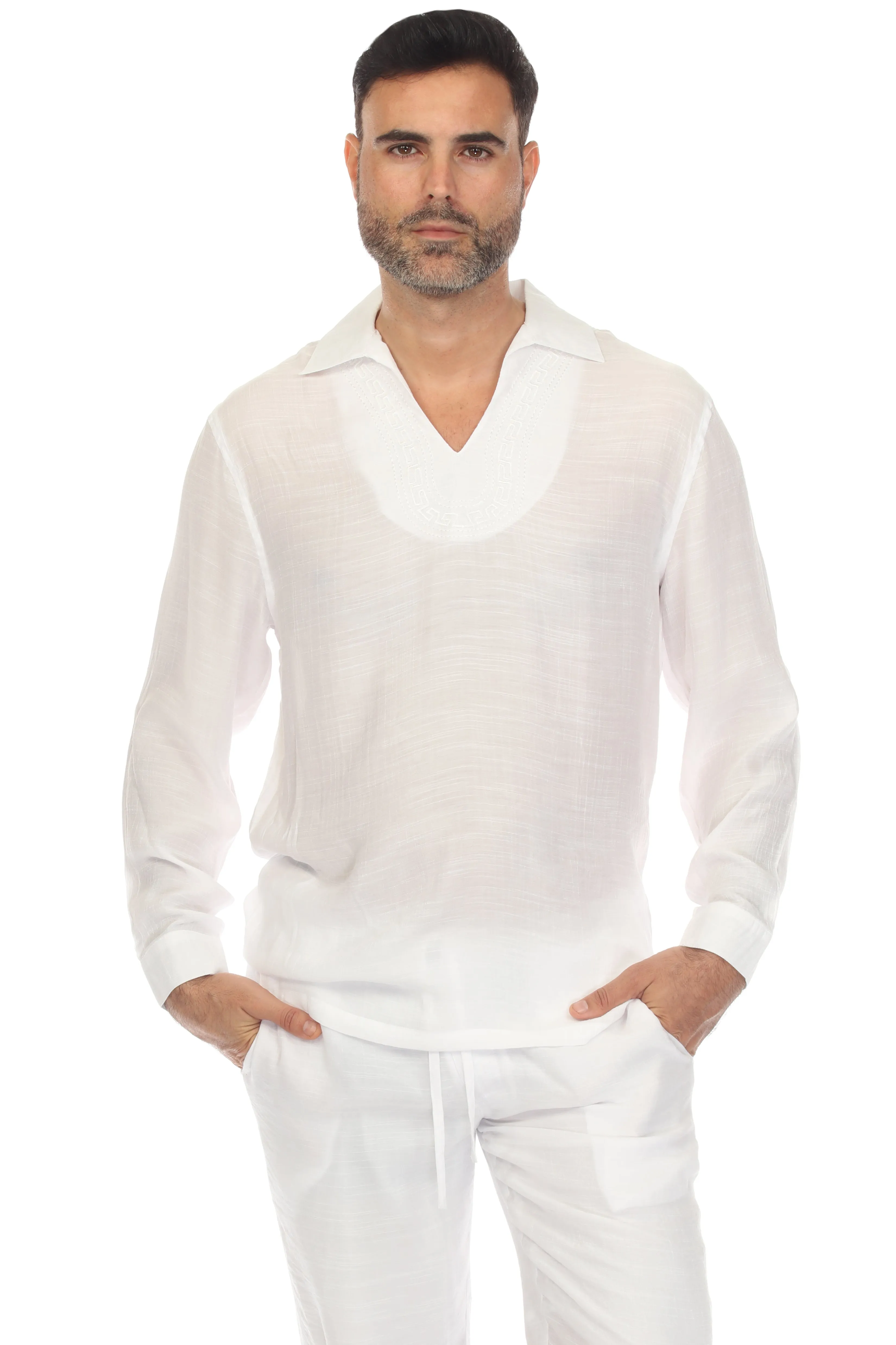 Men's Beach V-Neck Collar Shirt Long Sleeve with Embroidered Accent