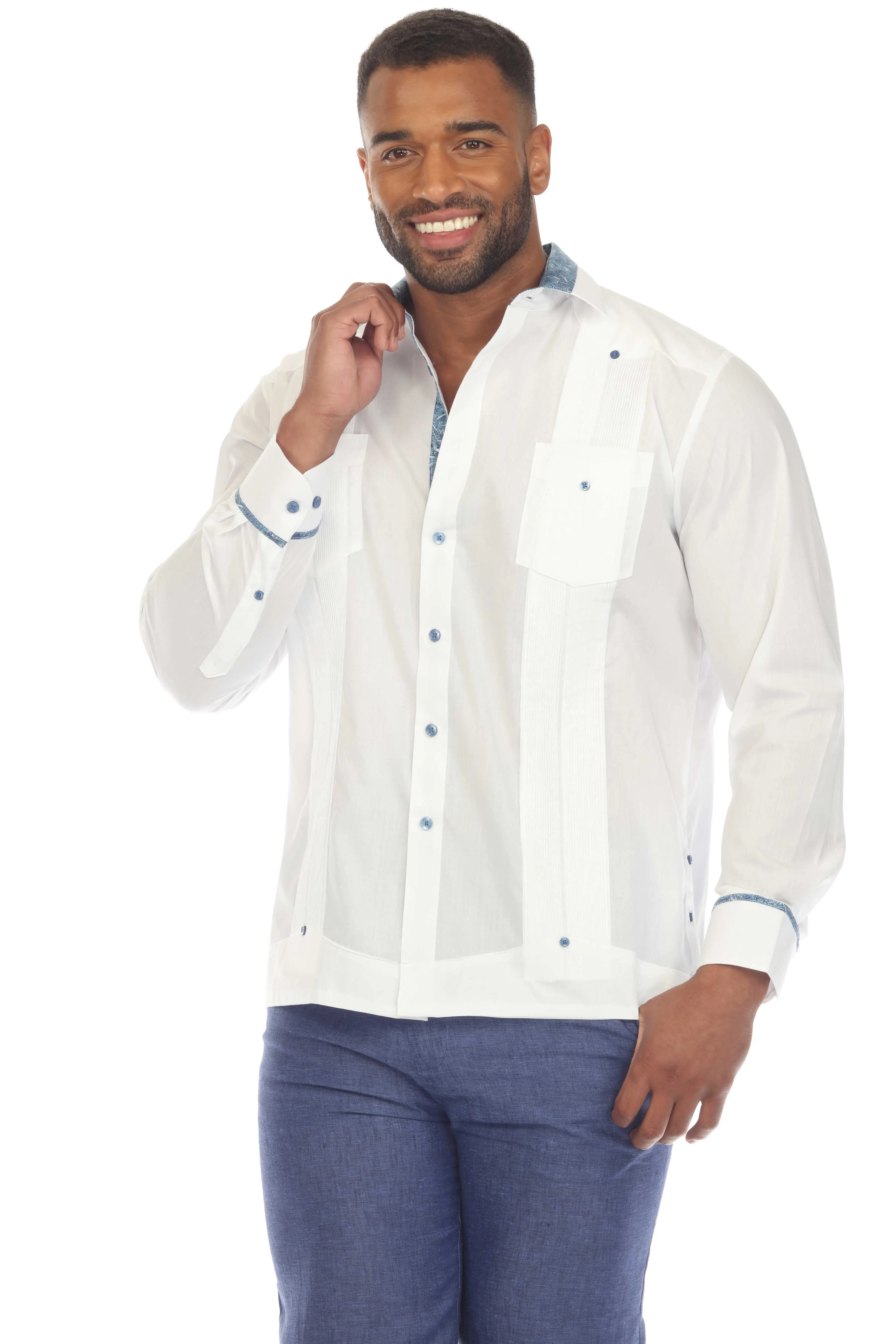 Men's Guayabera Chacabana Shirt Cotton Blend Long Sleeve with Contrast Accent Trim