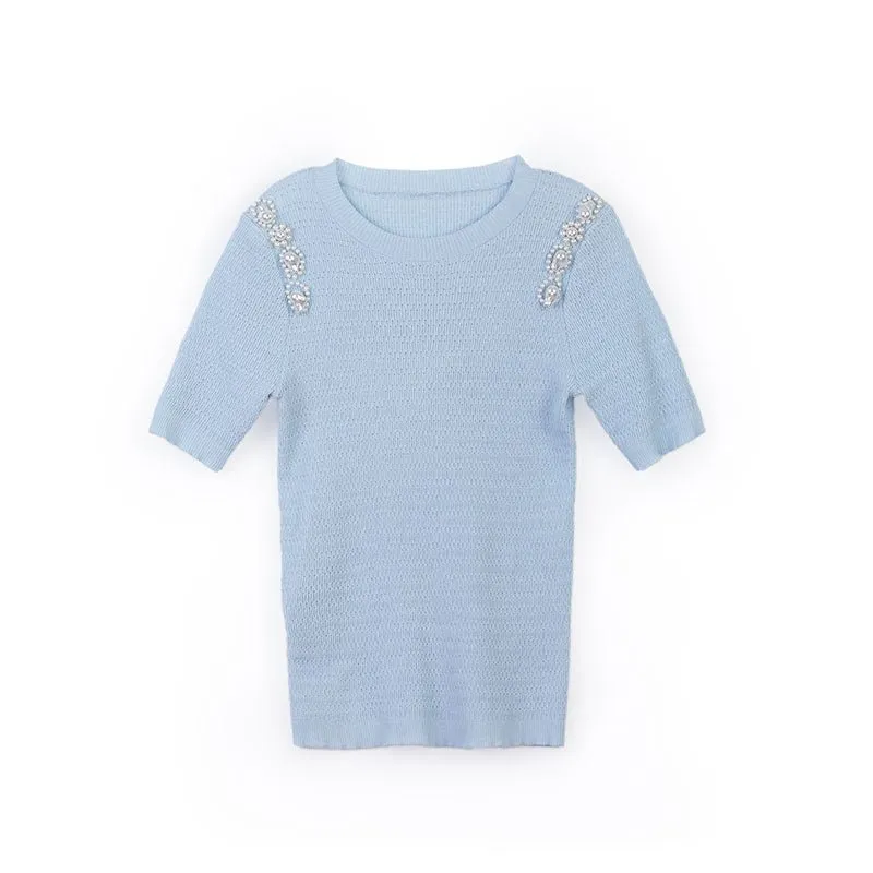 Mist Blue Short Sleeve Slim Pearl T-shirt