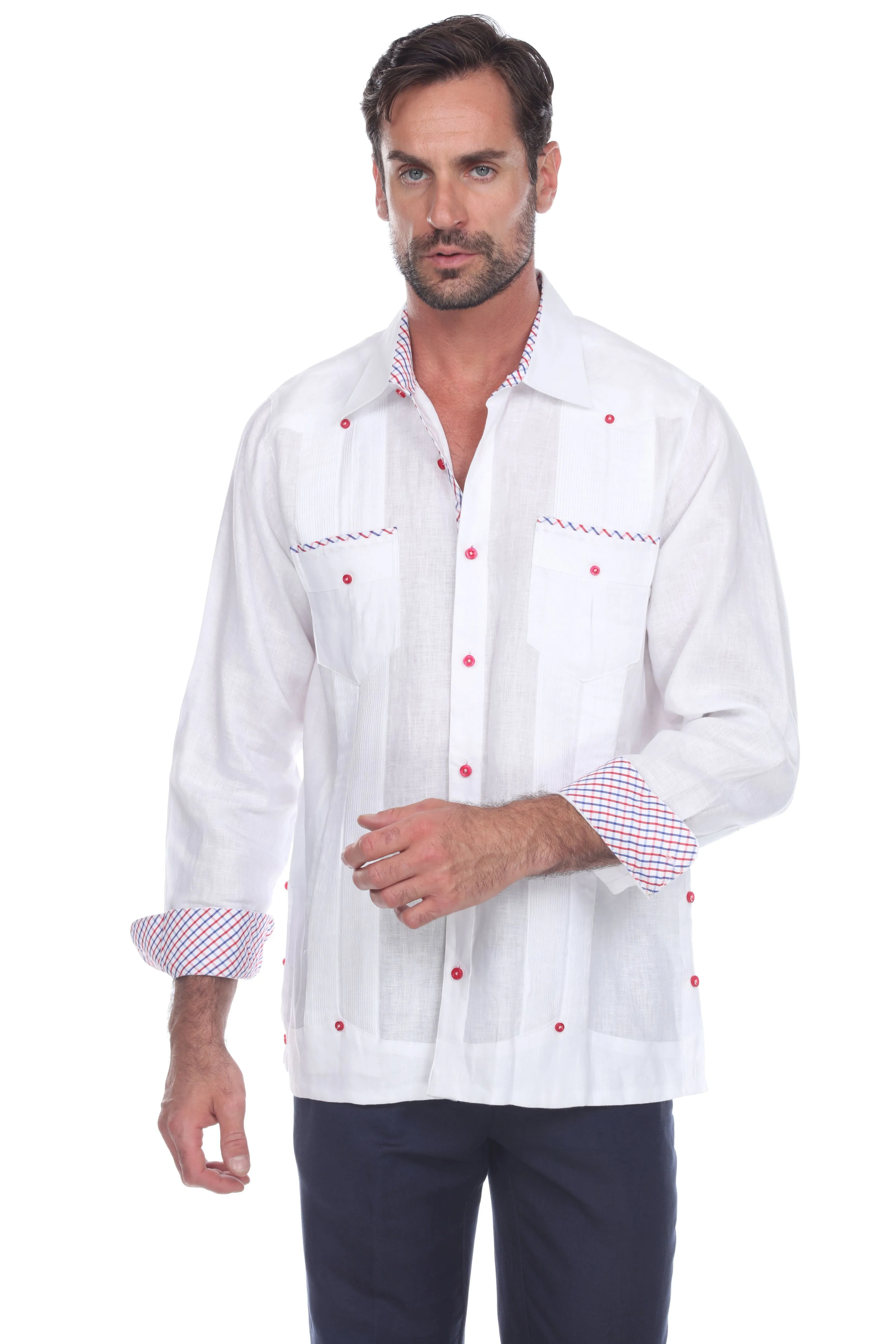 Mojito Men's 100% Linen Guayabera Shirt Long Sleeve Print Trim Accent