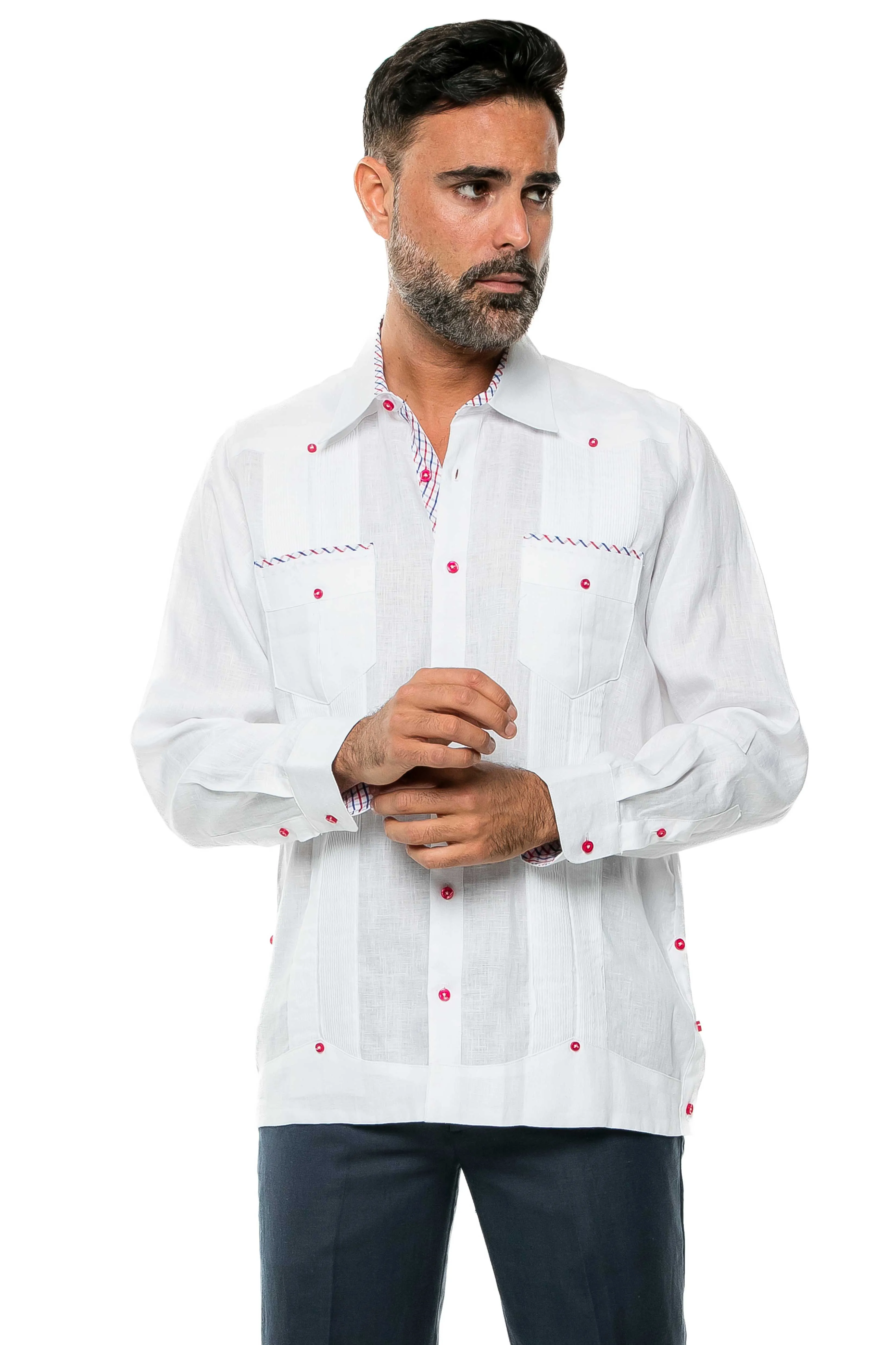 Mojito Men's 100% Linen Guayabera Shirt Long Sleeve Print Trim Accent