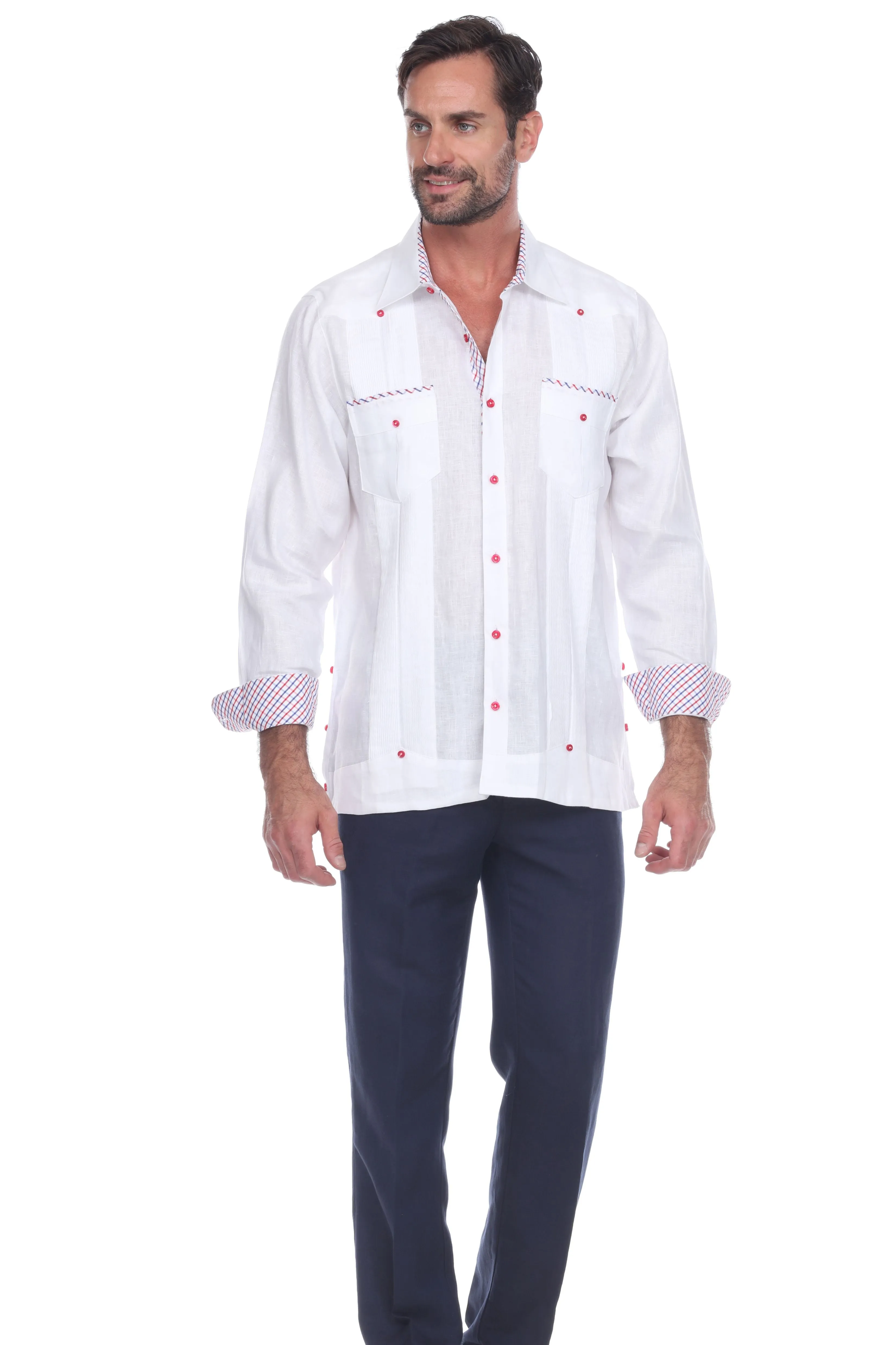 Mojito Men's 100% Linen Guayabera Shirt Long Sleeve Print Trim Accent