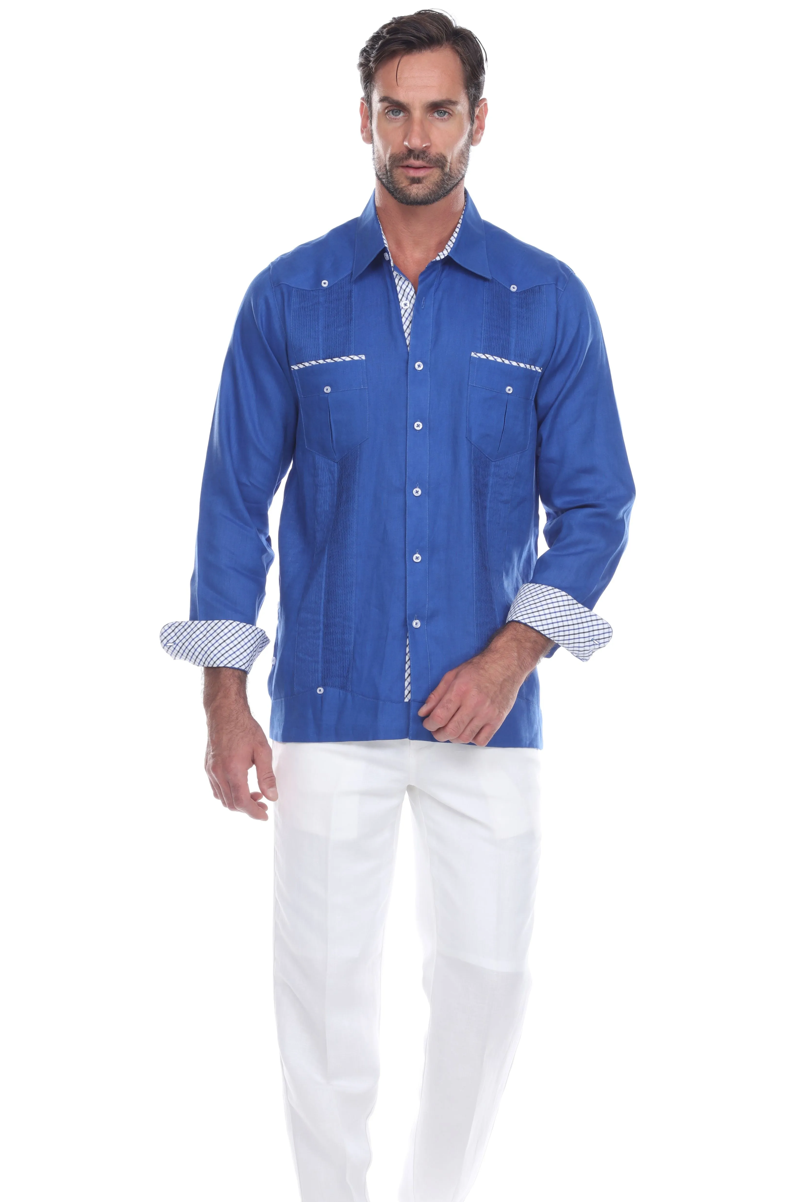 Mojito Men's 100% Linen Guayabera Shirt Long Sleeve Print Trim Accent