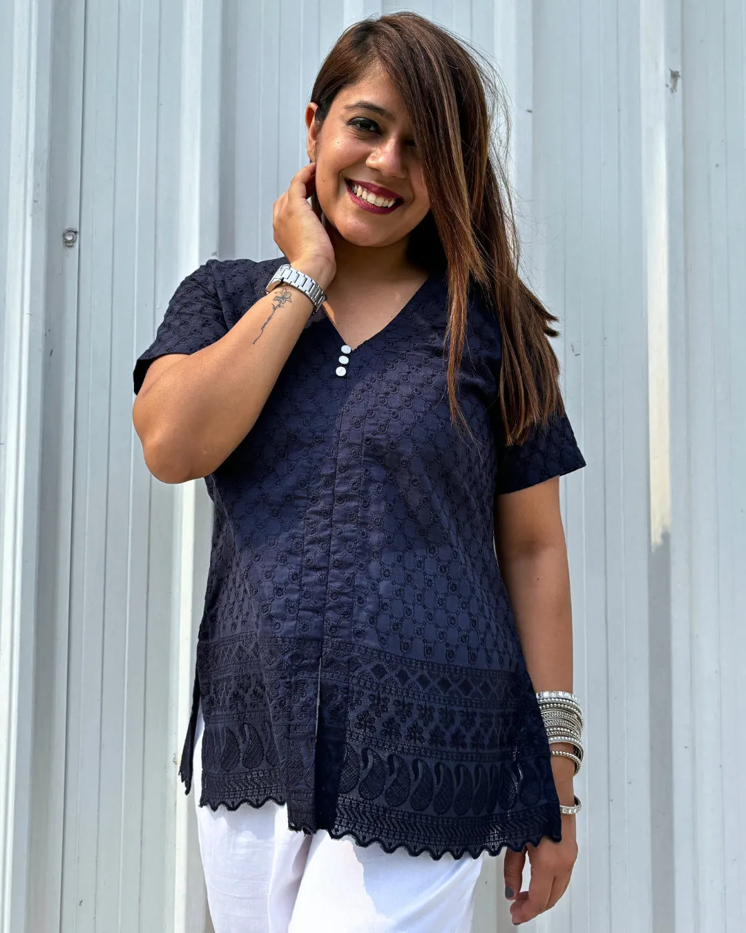 Navy Blue Cotton Embroidered Chikankari Short Kurti