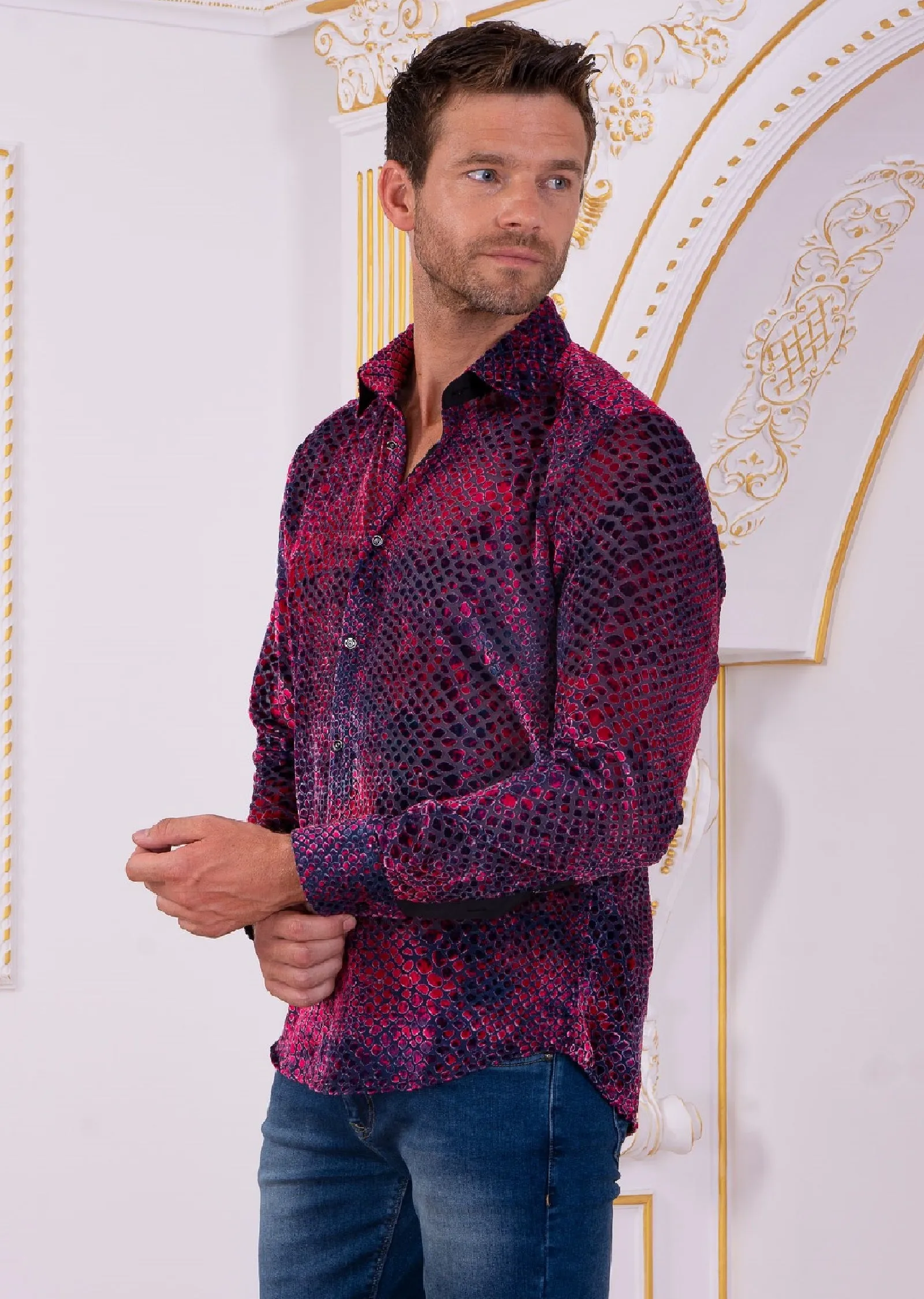 Navy Pink Snake Velvet Sheer Shirt