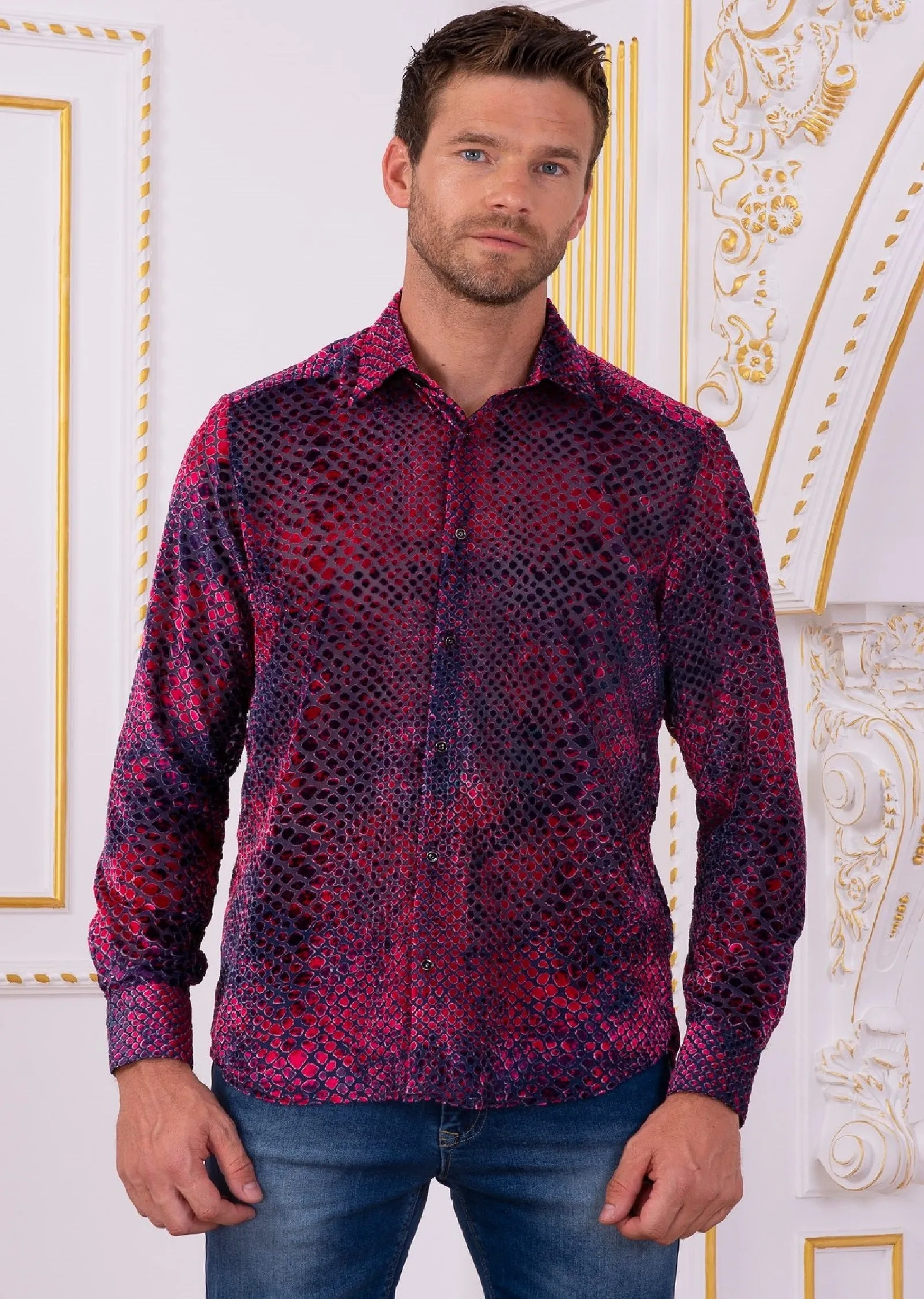 Navy Pink Snake Velvet Sheer Shirt