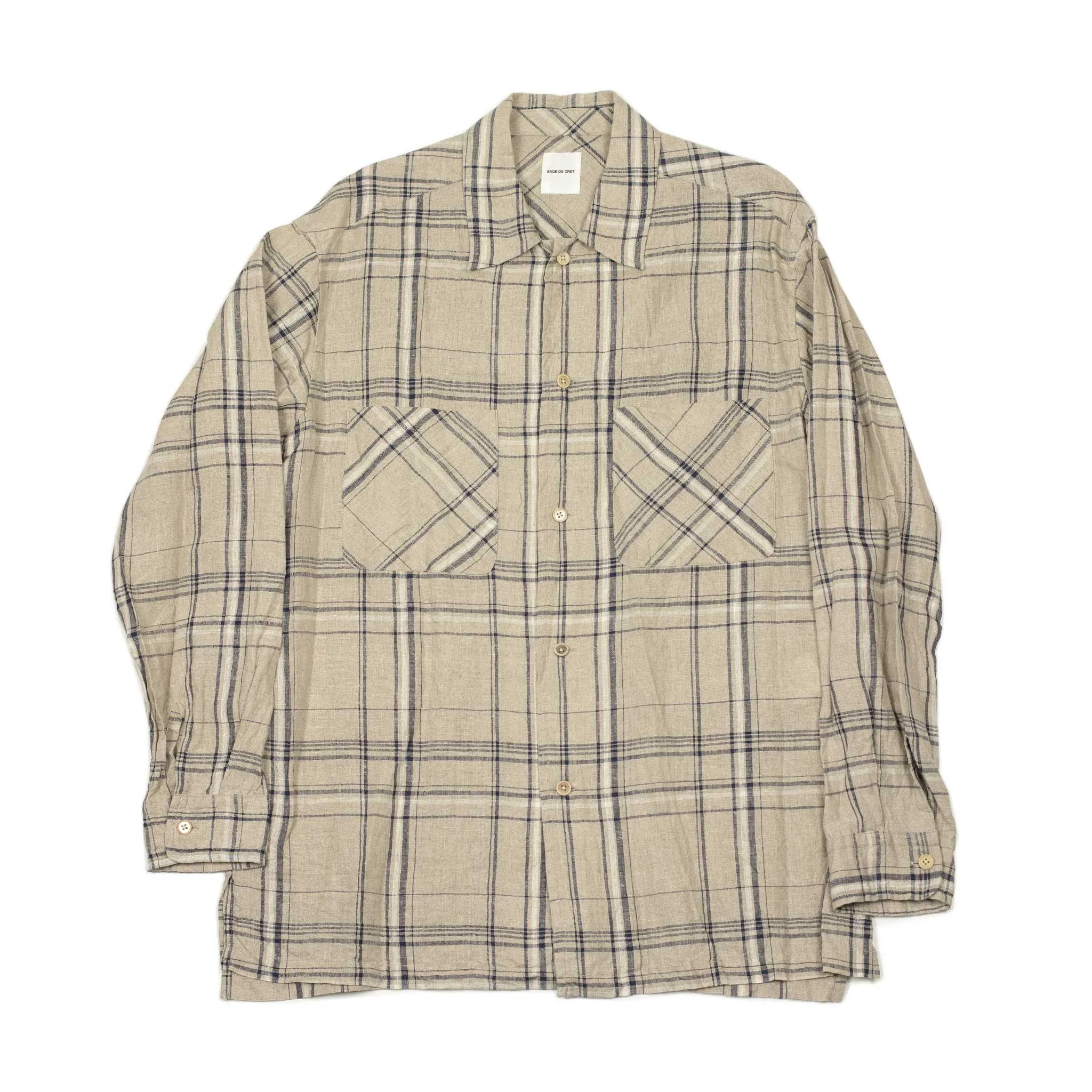 Open collar shirt in natural and navy checked linen