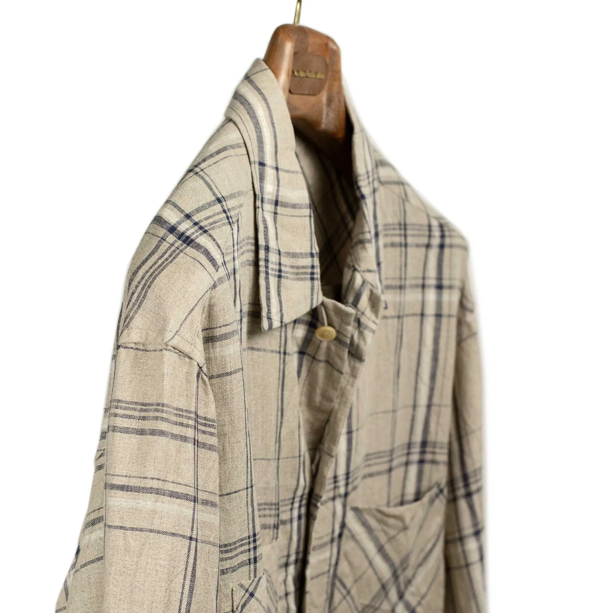 Open collar shirt in natural and navy checked linen