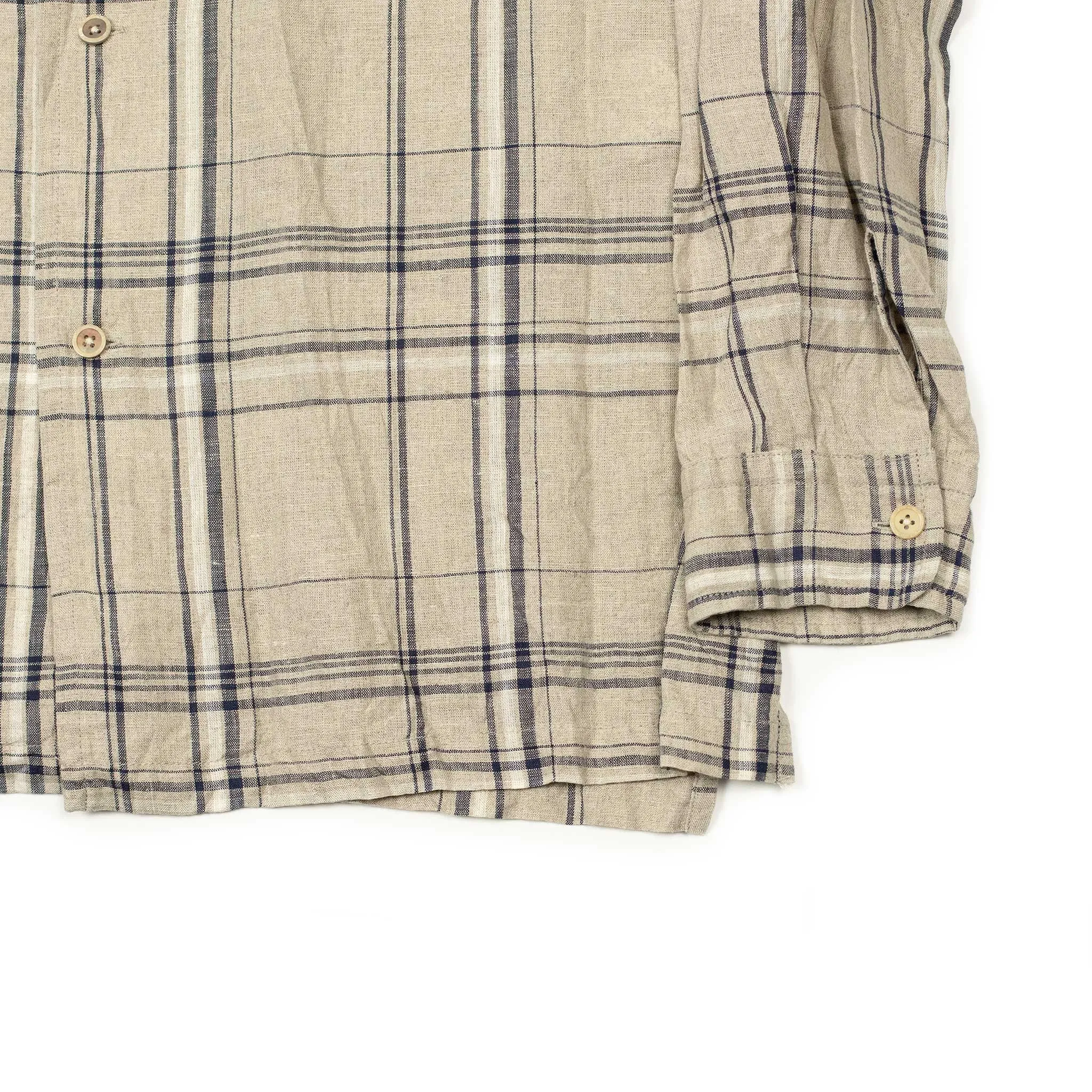 Open collar shirt in natural and navy checked linen