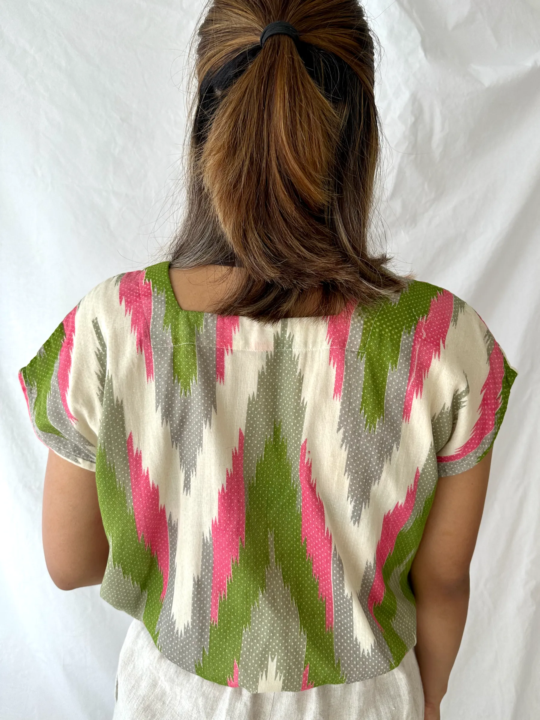 Pink & Green Ikat Square Neck Top - S