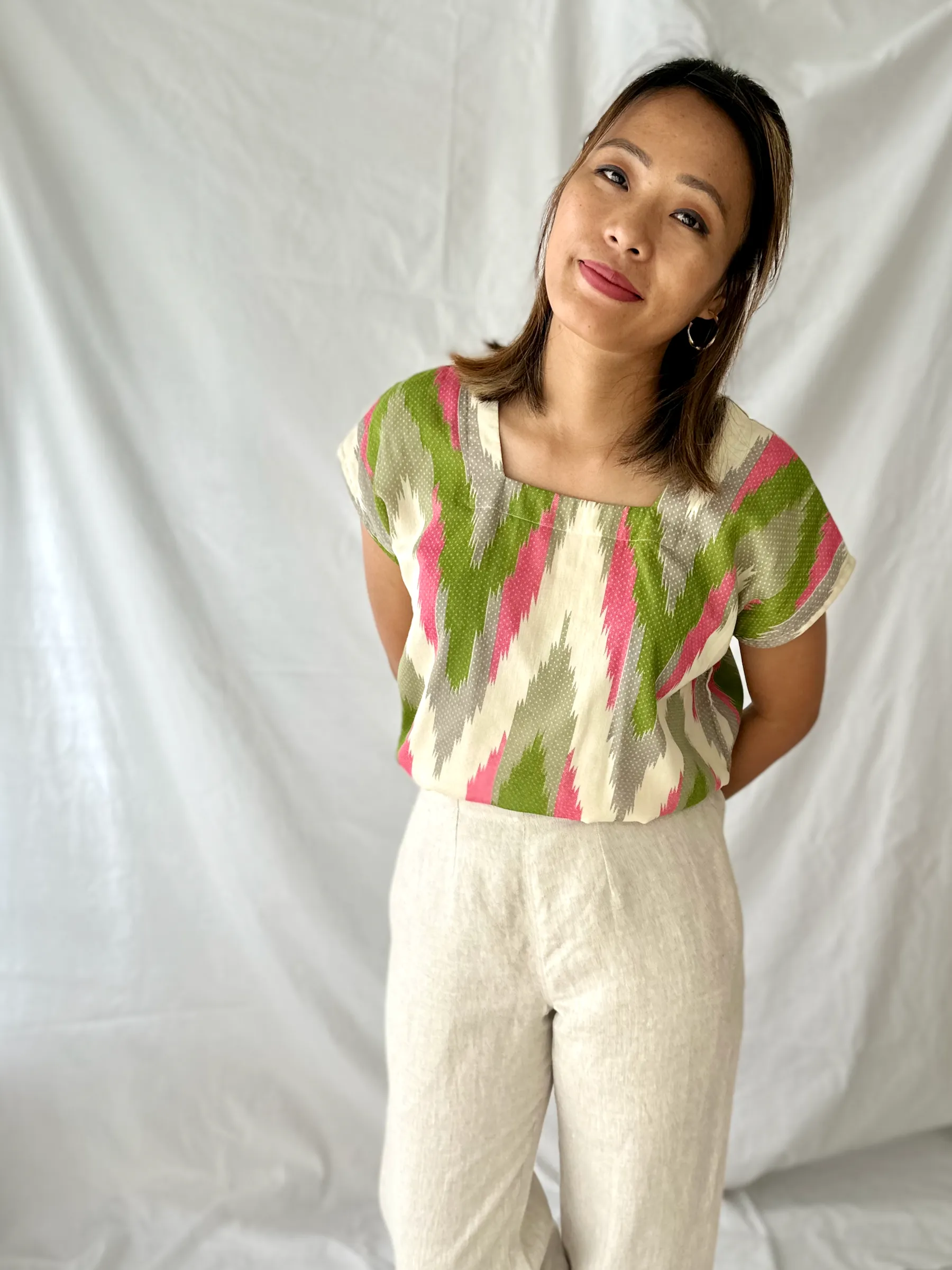 Pink & Green Ikat Square Neck Top - S