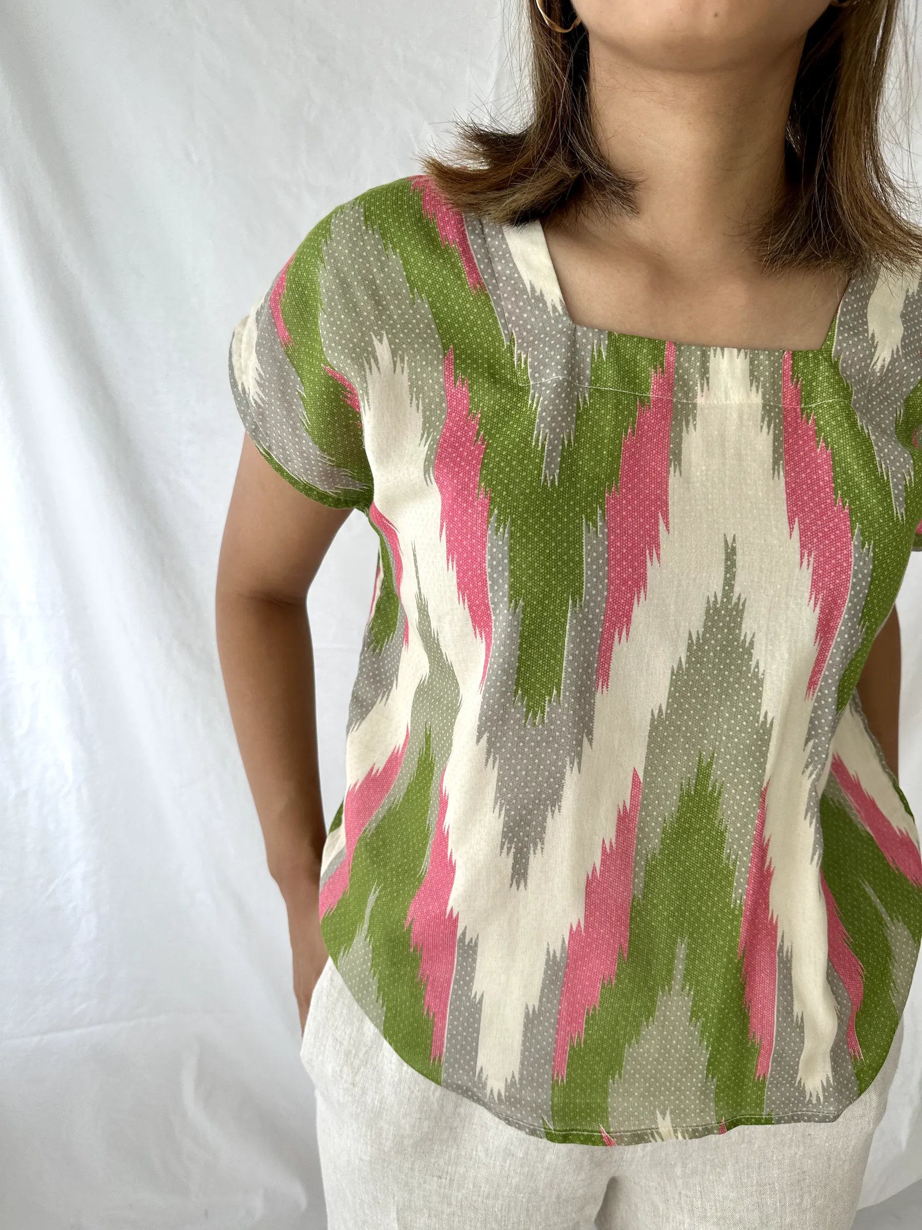 Pink & Green Ikat Square Neck Top - S