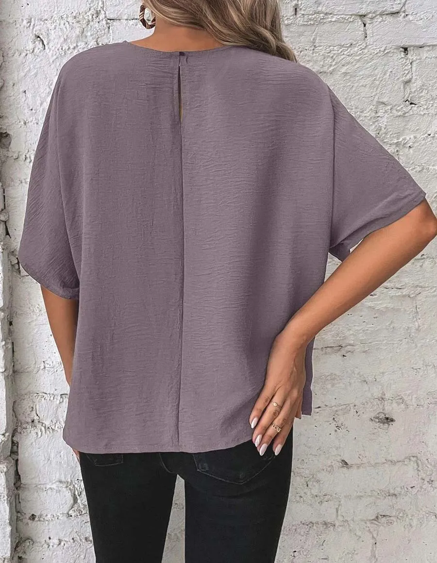 Plain Round Neck Short Sleeve Knotted Loose T-Shirt