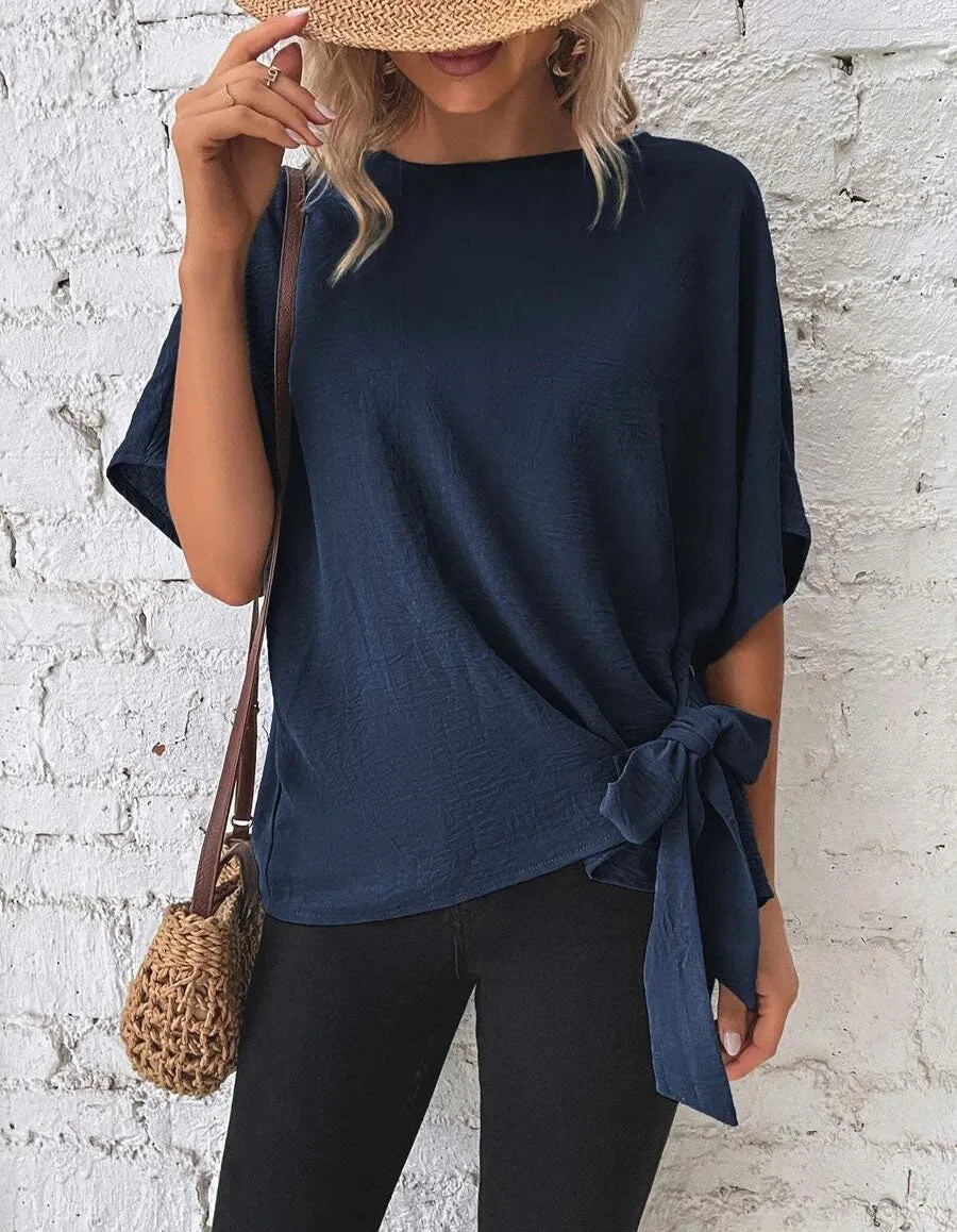 Plain Round Neck Short Sleeve Knotted Loose T-Shirt