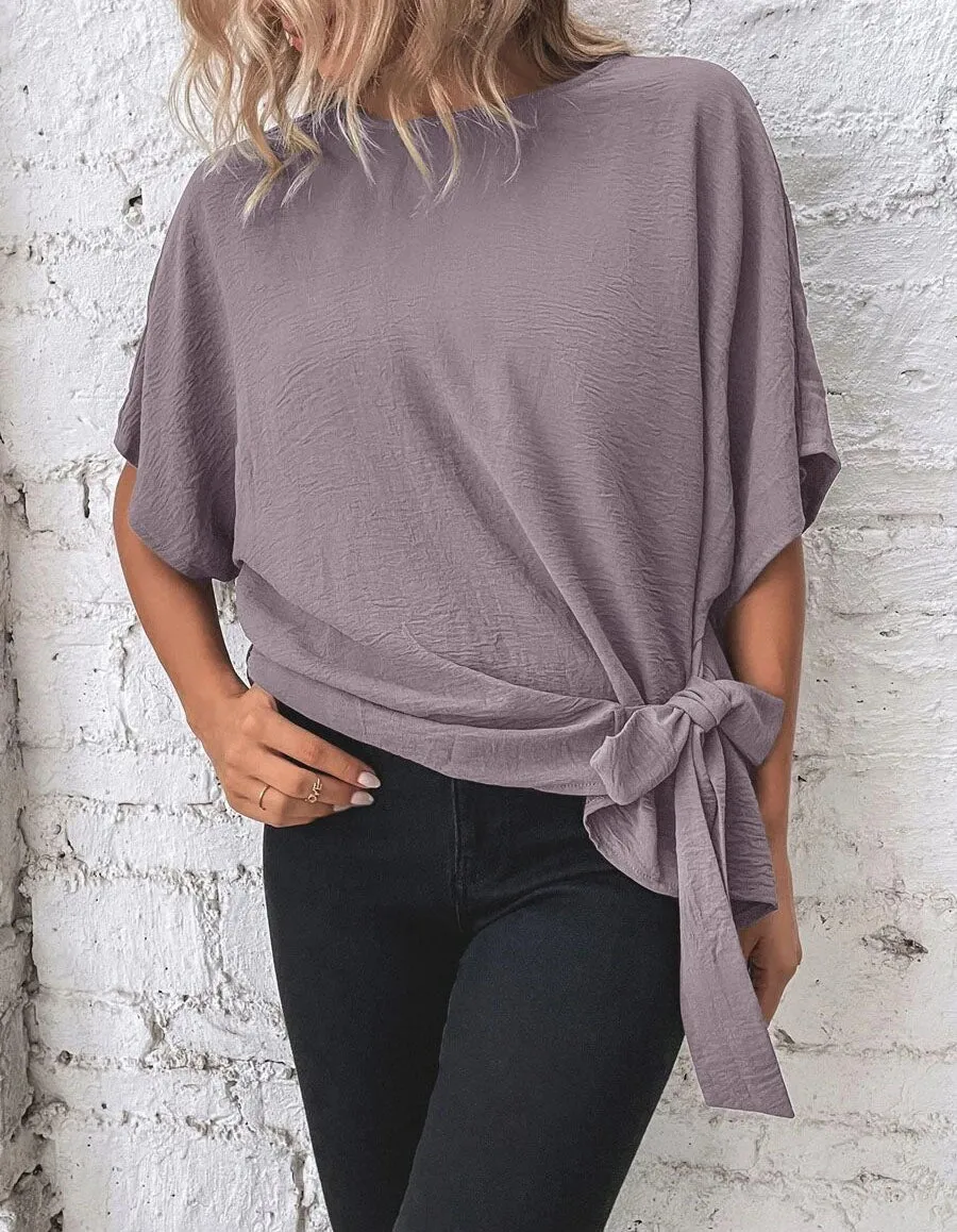 Plain Round Neck Short Sleeve Knotted Loose T-Shirt