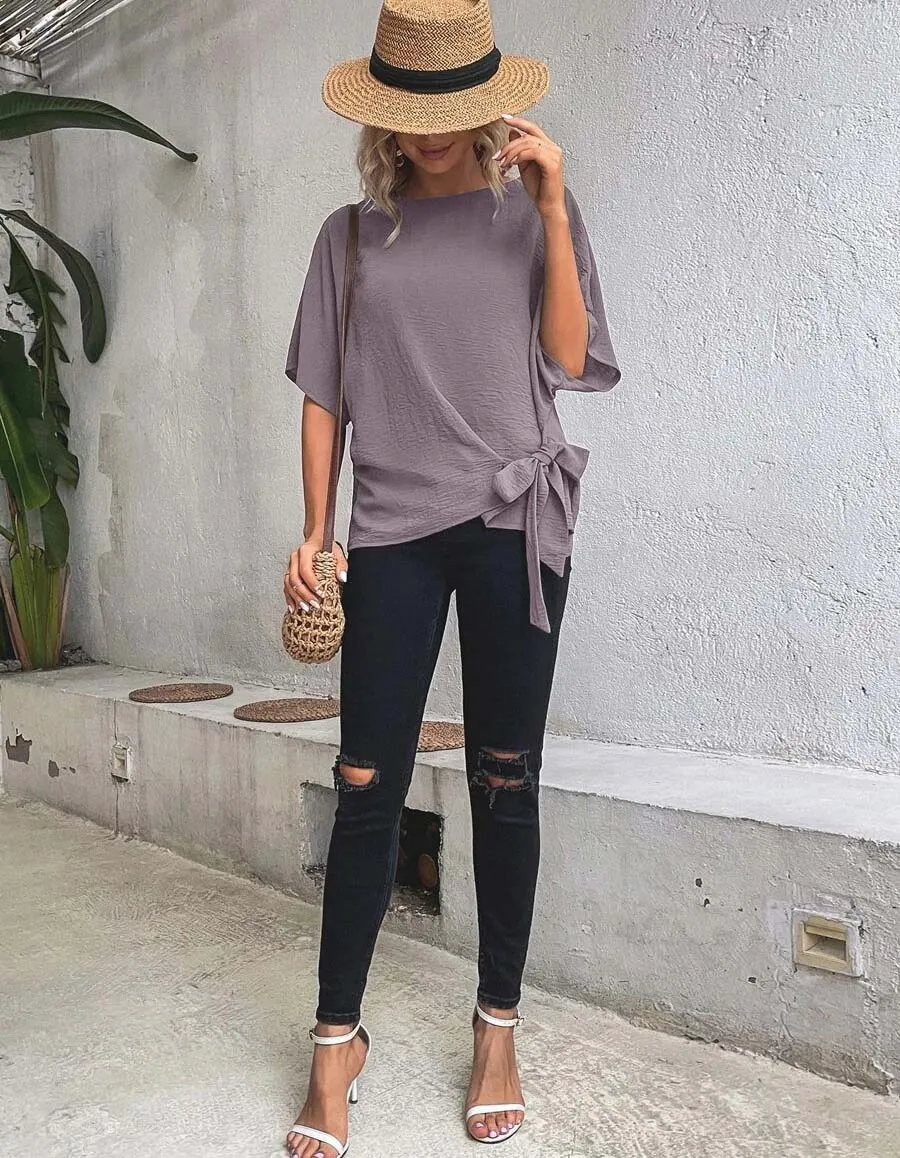 Plain Round Neck Short Sleeve Knotted Loose T-Shirt