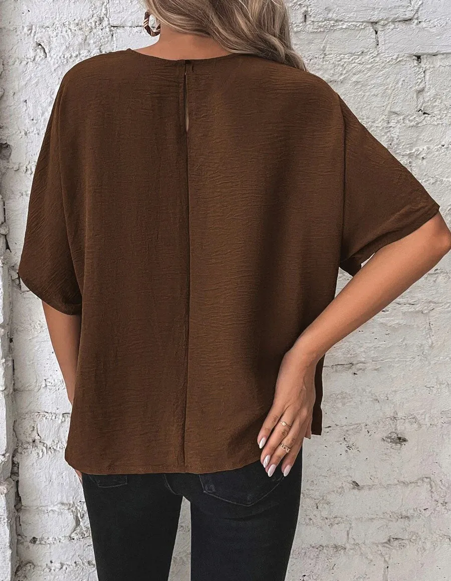 Plain Round Neck Short Sleeve Knotted Loose T-Shirt