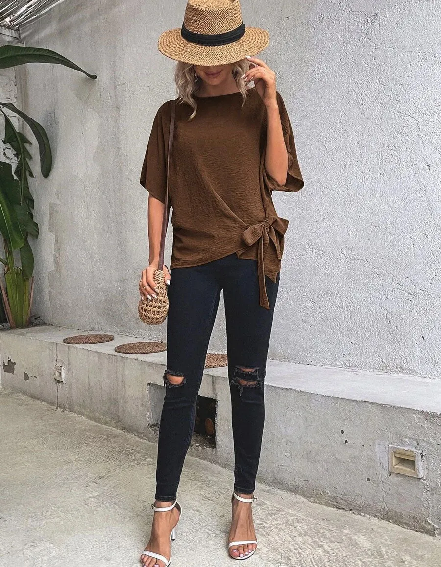 Plain Round Neck Short Sleeve Knotted Loose T-Shirt