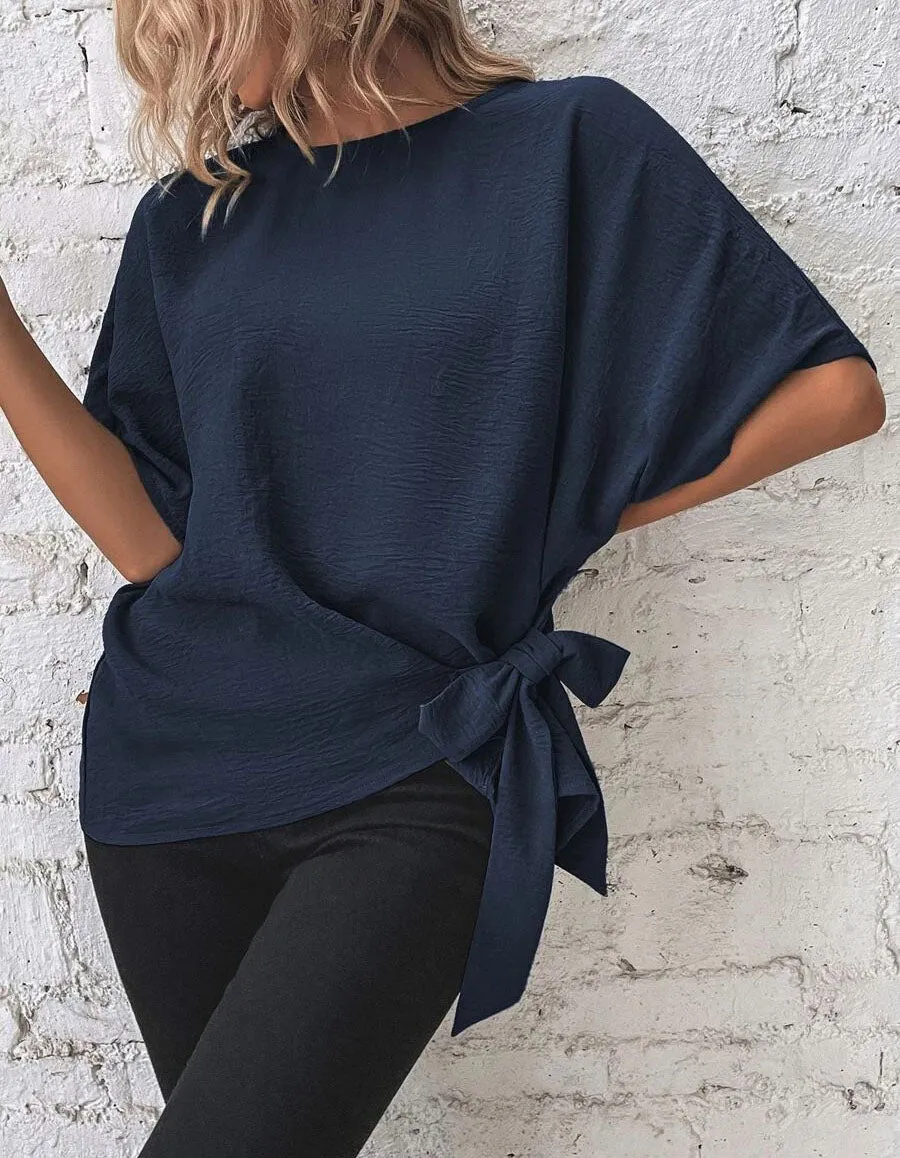 Plain Round Neck Short Sleeve Knotted Loose T-Shirt