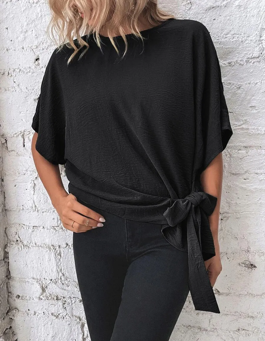 Plain Round Neck Short Sleeve Knotted Loose T-Shirt