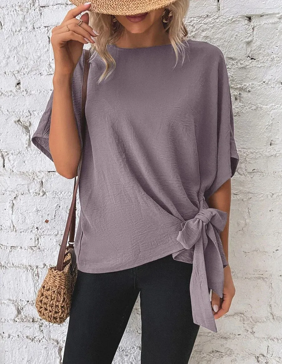 Plain Round Neck Short Sleeve Knotted Loose T-Shirt