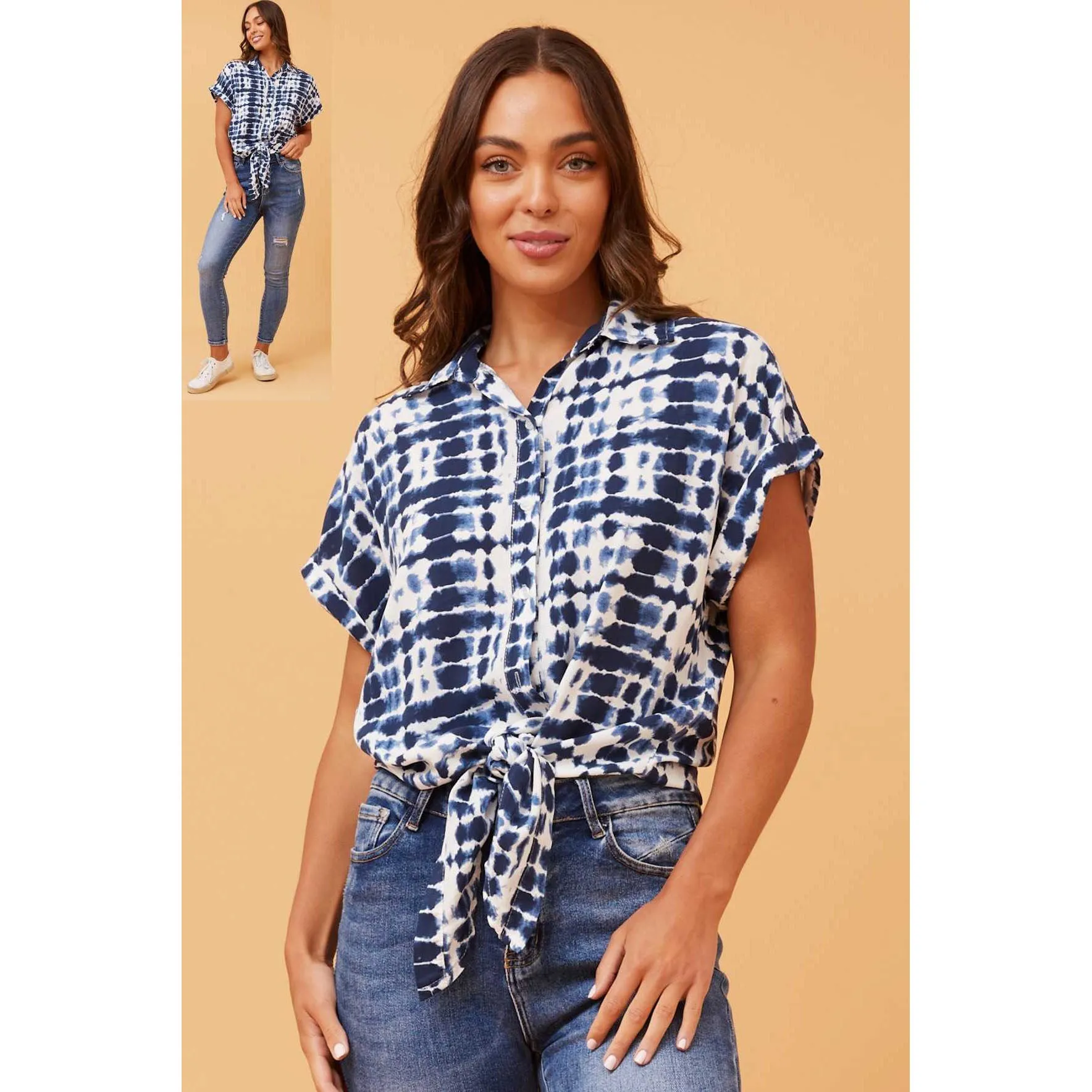 Printed Button Front Shirt - Denim