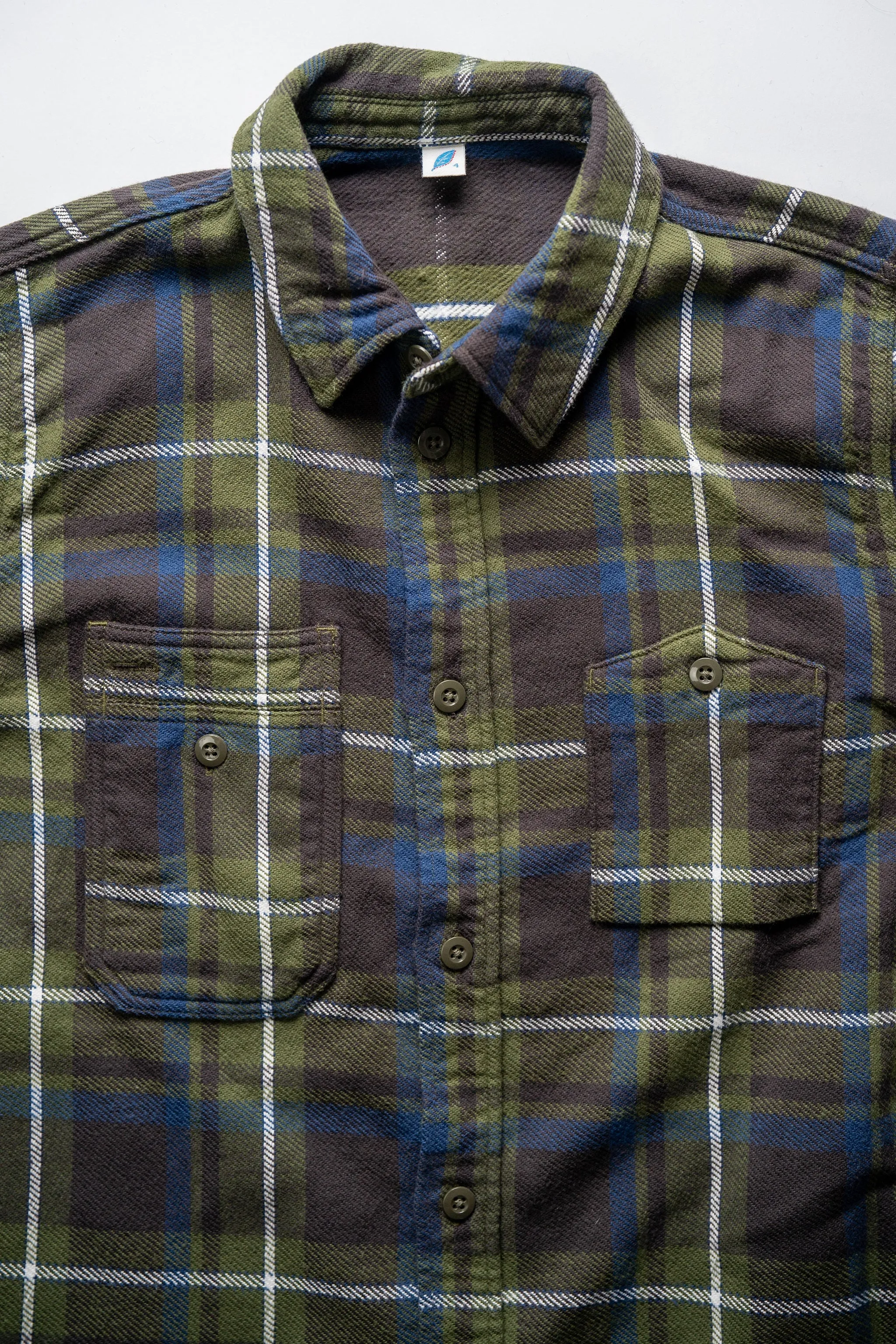 Pure Blue Japan 2222-OL Raised Surface Check Double Pocket Shirt -Olive