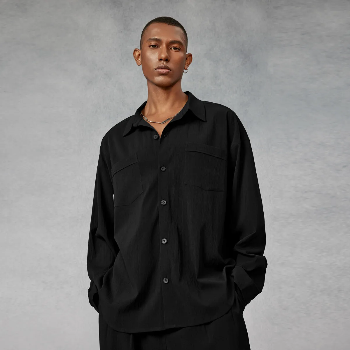 Resort Drape Pleated Crepe Black Shirt