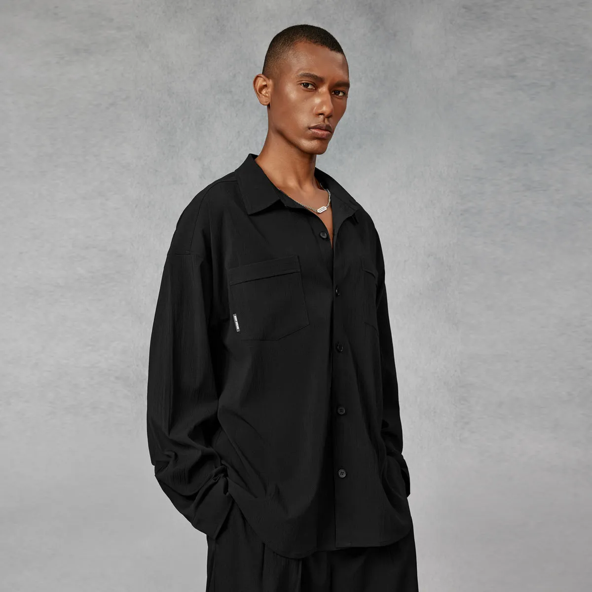 Resort Drape Pleated Crepe Black Shirt