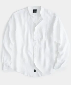 Sea Soft Linen Band Collar Long Sleeve Shirt in White