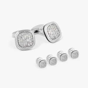 Signature Cufflinks & Dress Shirt Studs In Rhodium & White Sapphire