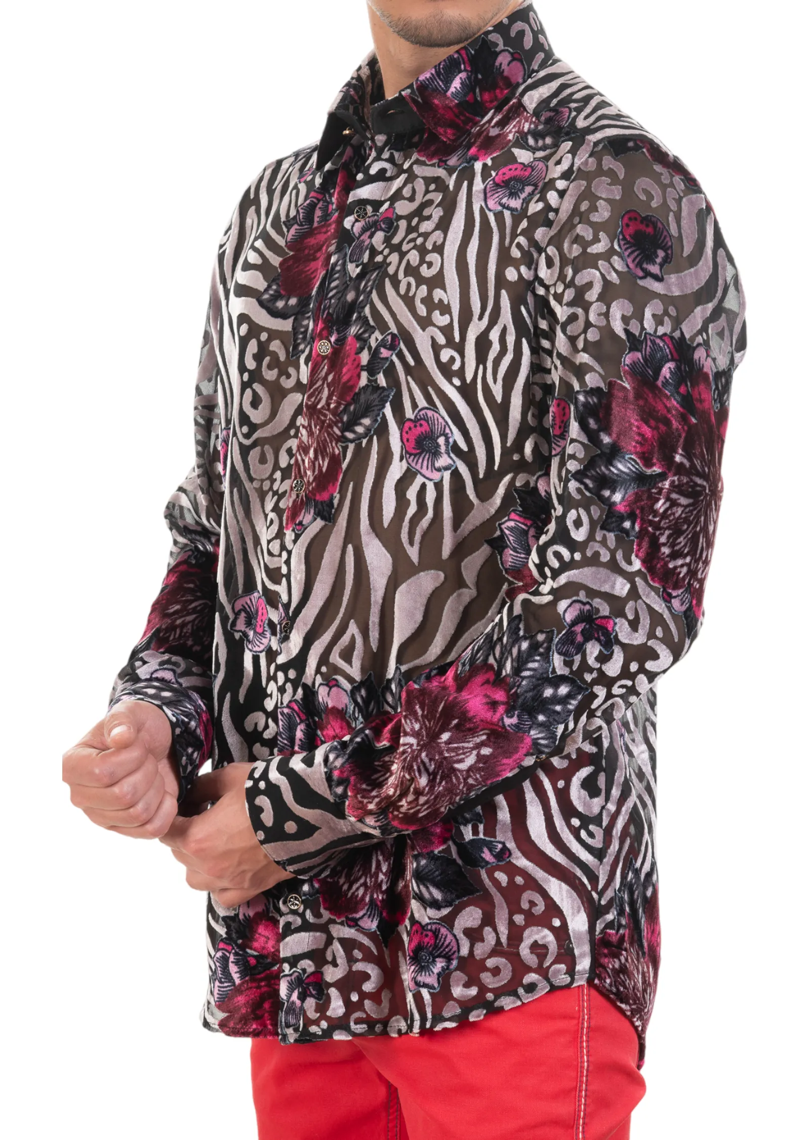 Silver Pink Floral Velvet Shirt