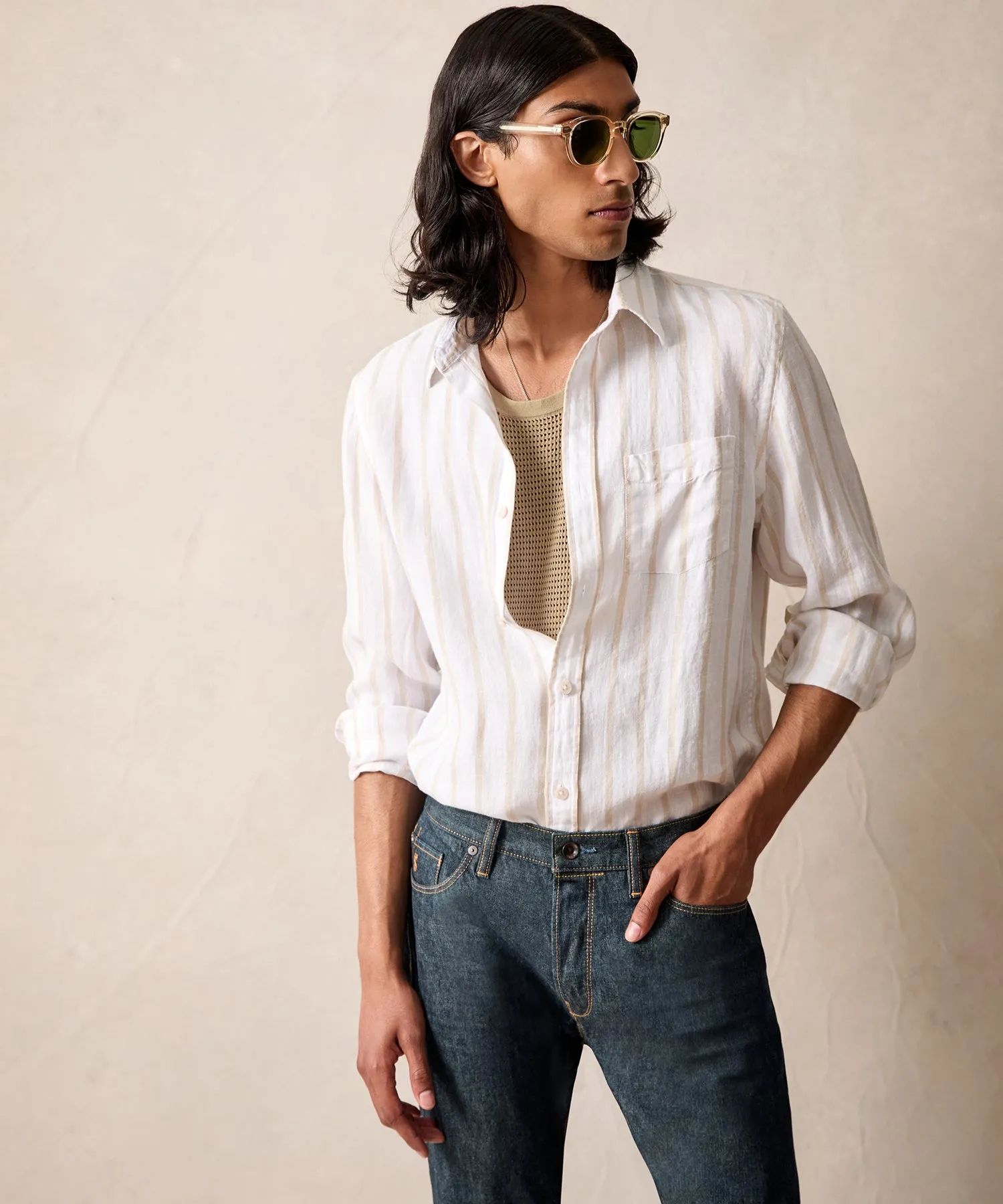 Slim Fit Sea Soft Irish Linen Shirt in Khaki Stripe