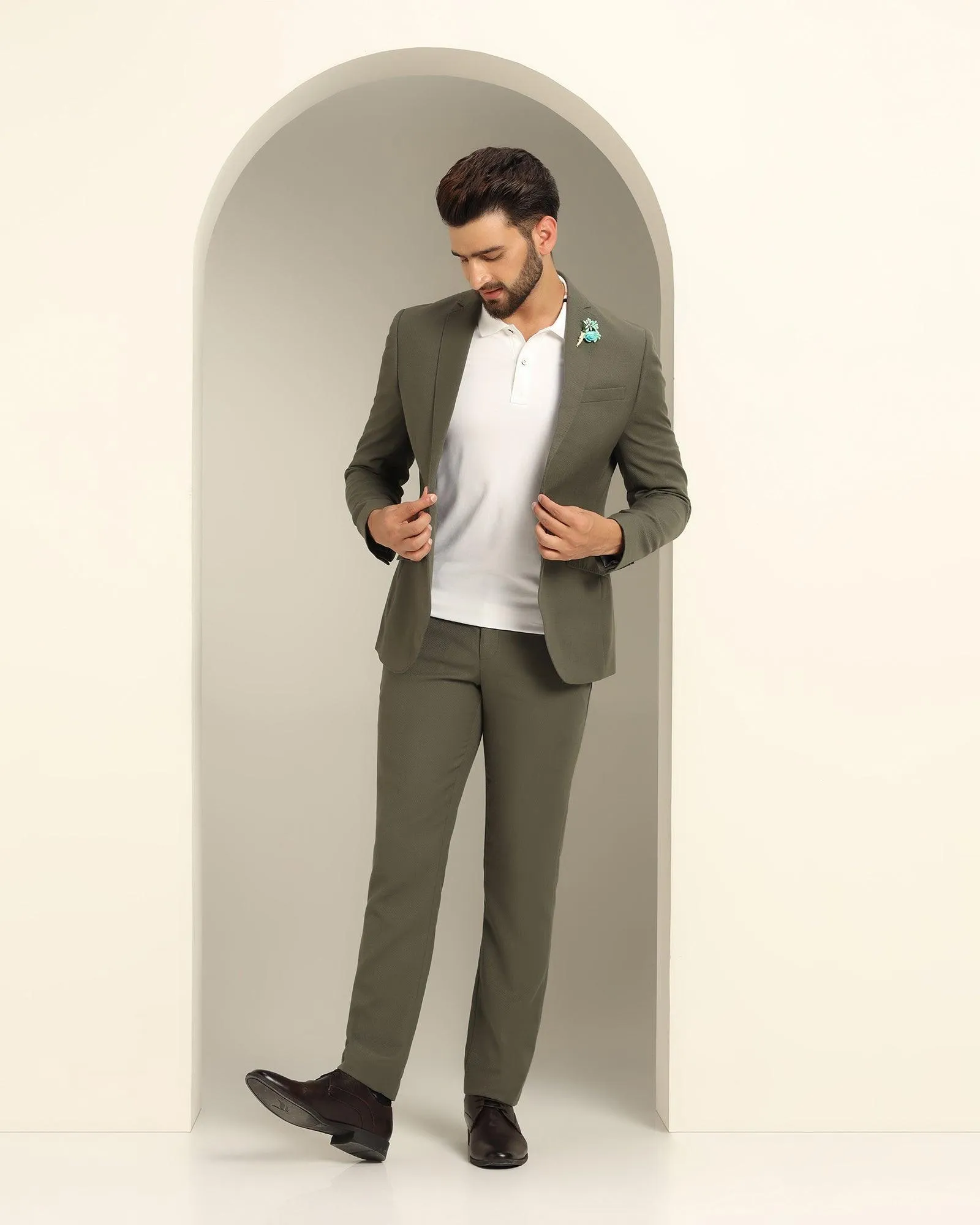 Three Piece Olive Textured Formal Suit - Xomnia