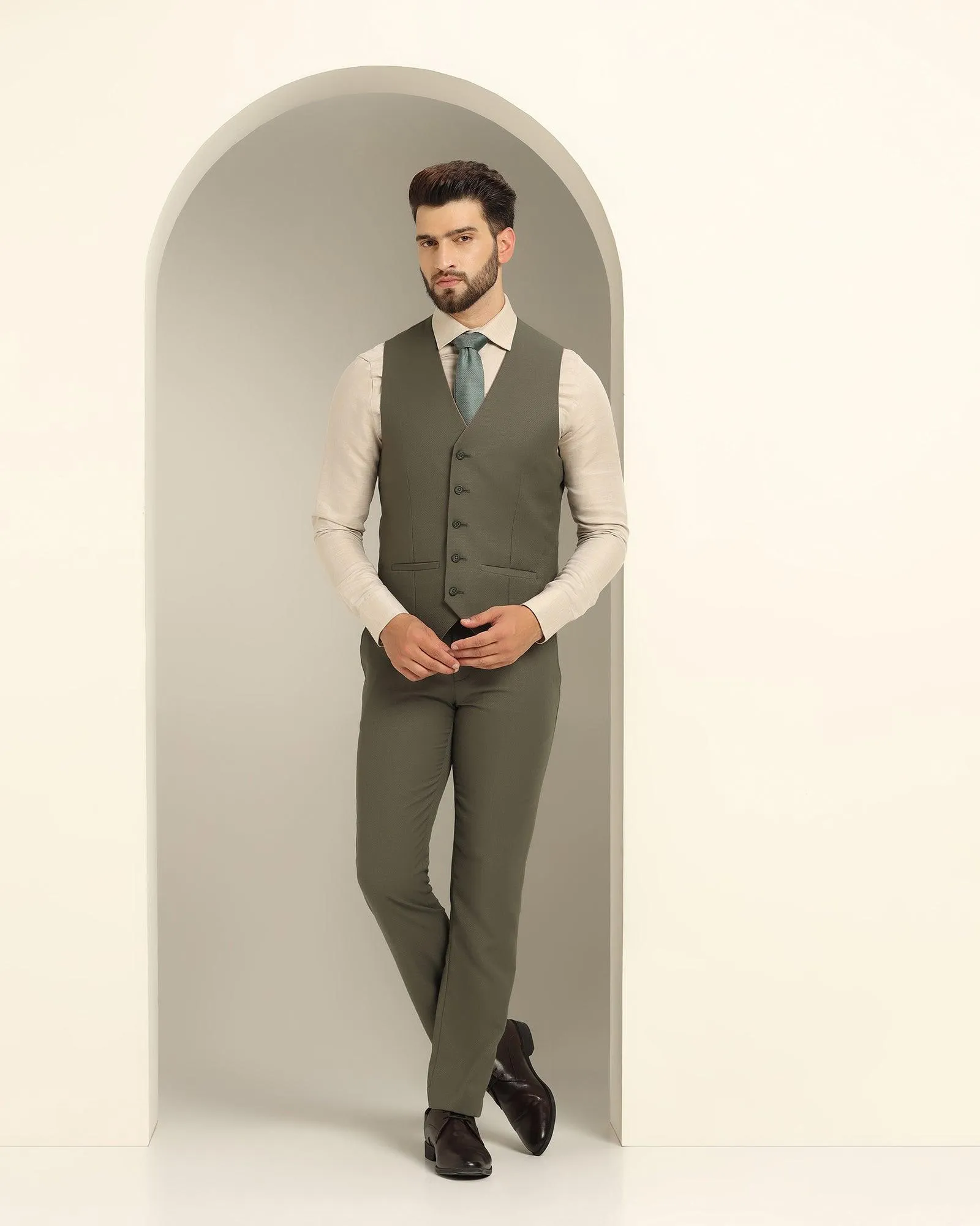 Three Piece Olive Textured Formal Suit - Xomnia