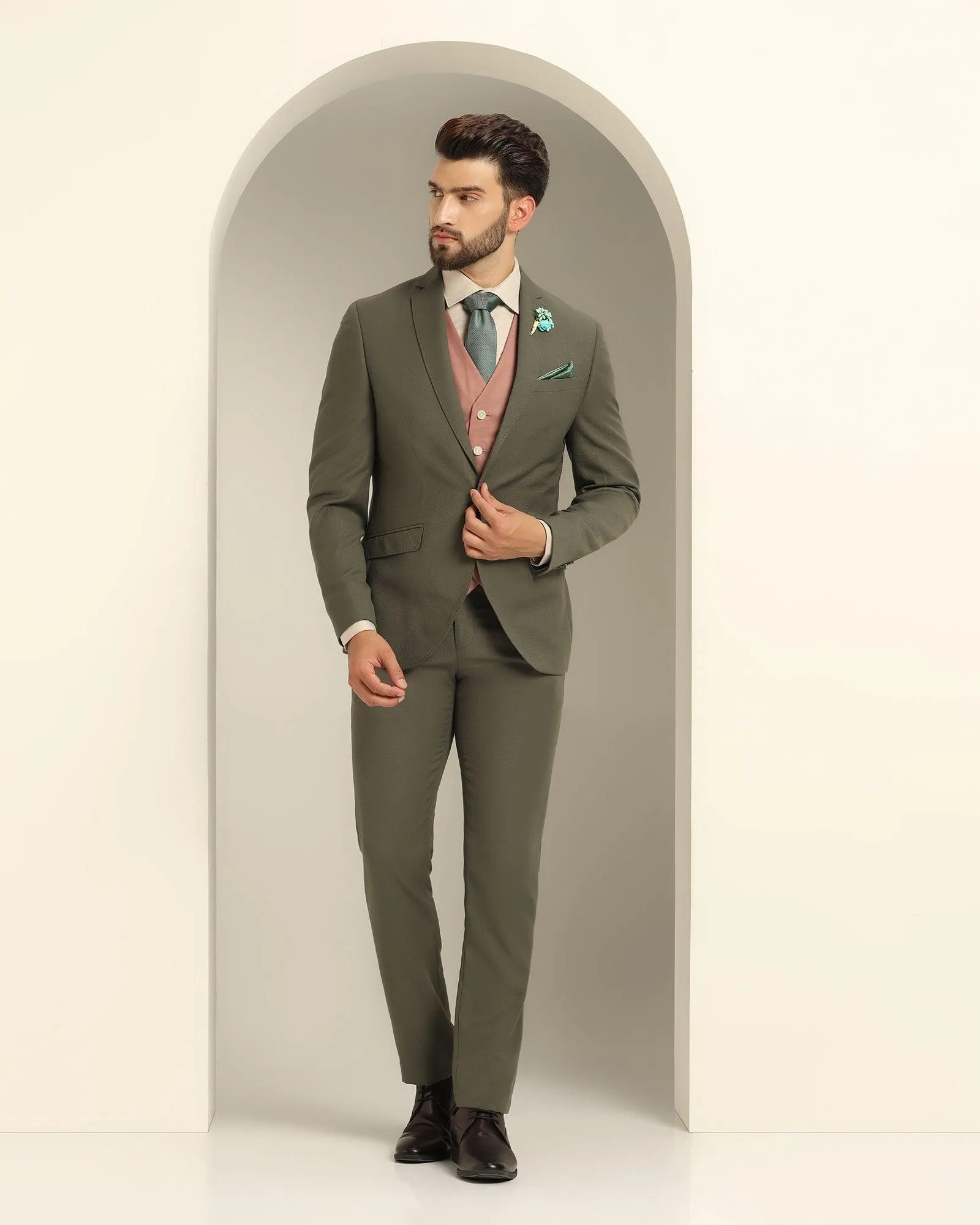 Three Piece Olive Textured Formal Suit - Xomnia