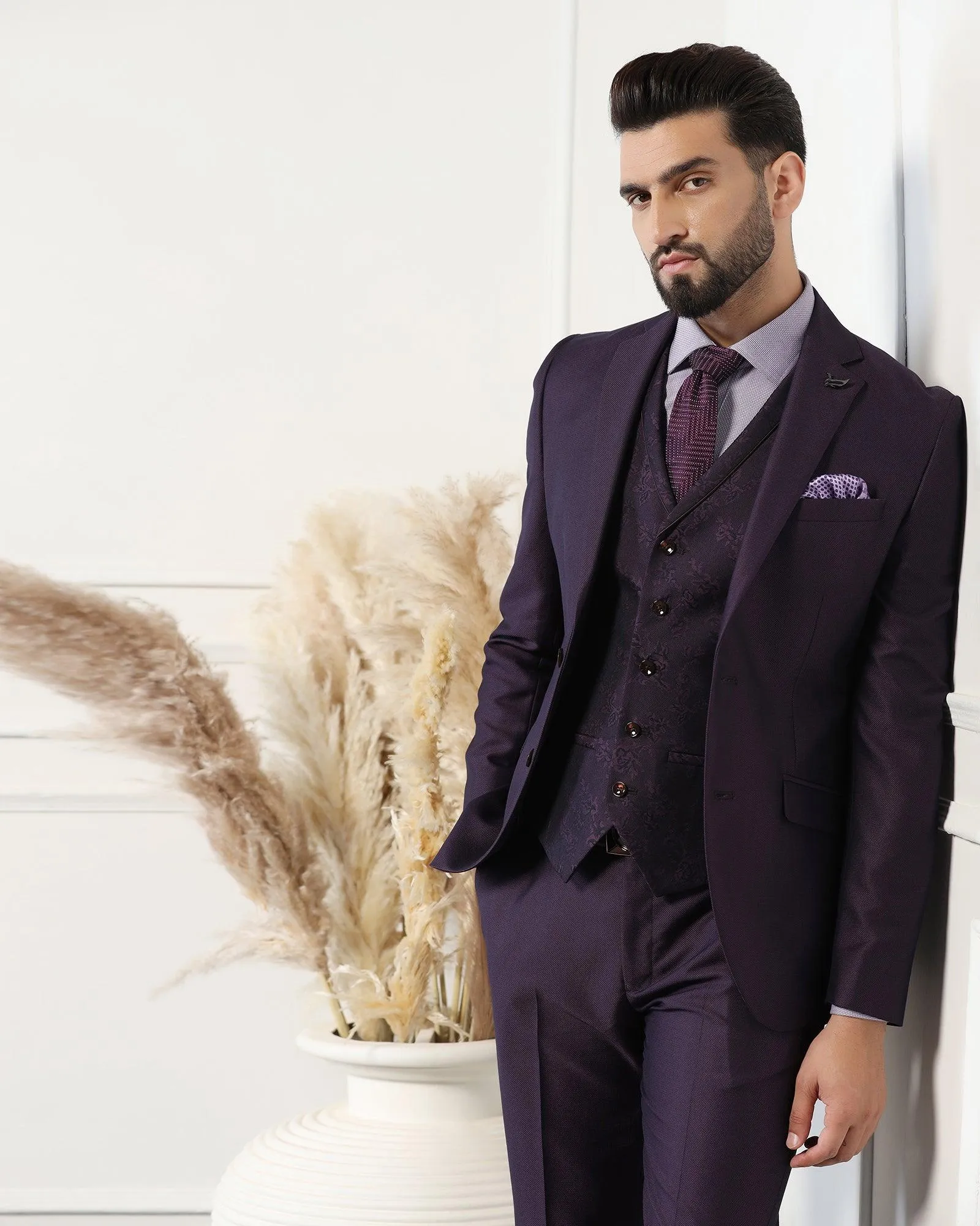 Three Piece Purple Textured Formal Suit - Norman