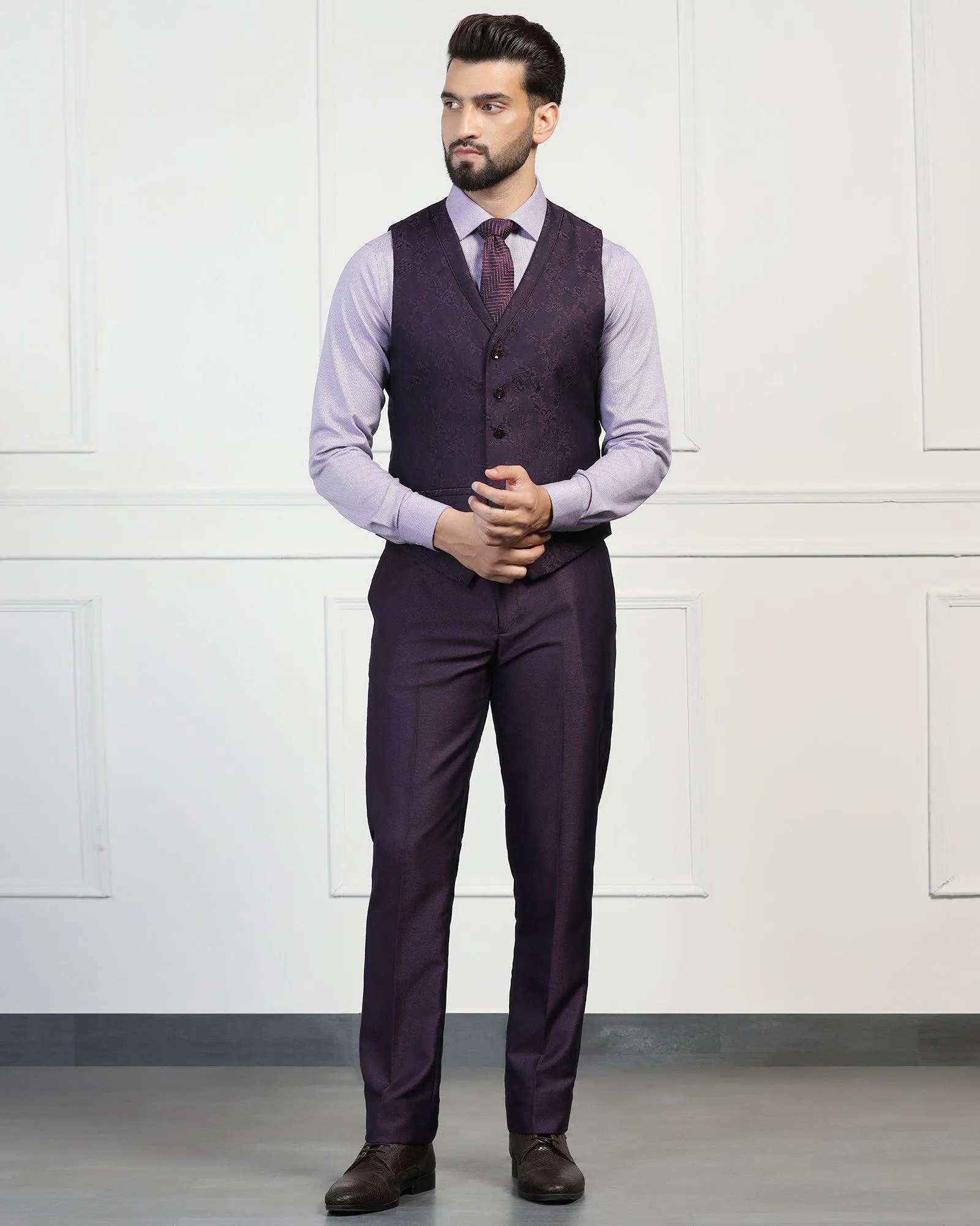 Three Piece Purple Textured Formal Suit - Norman