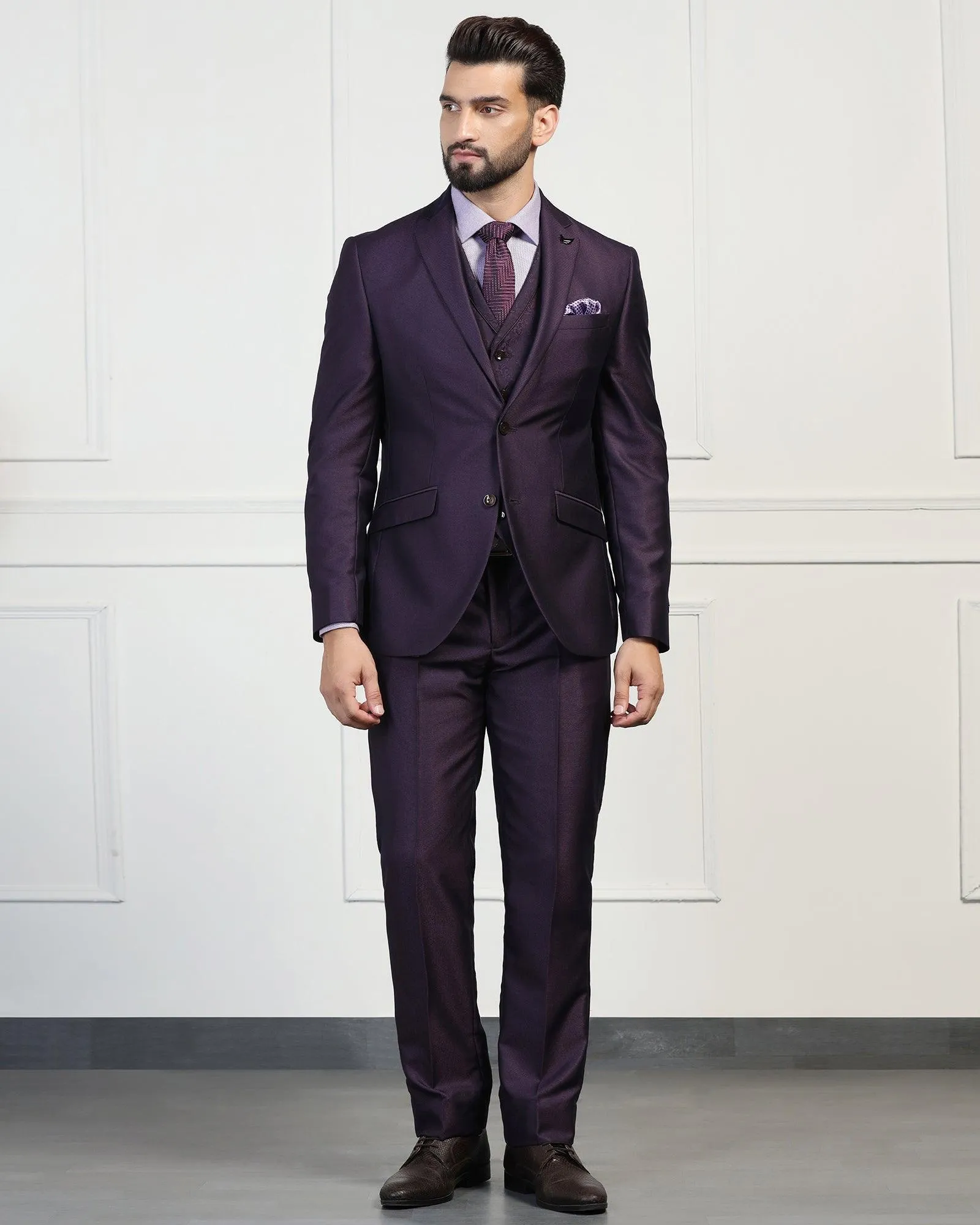 Three Piece Purple Textured Formal Suit - Norman