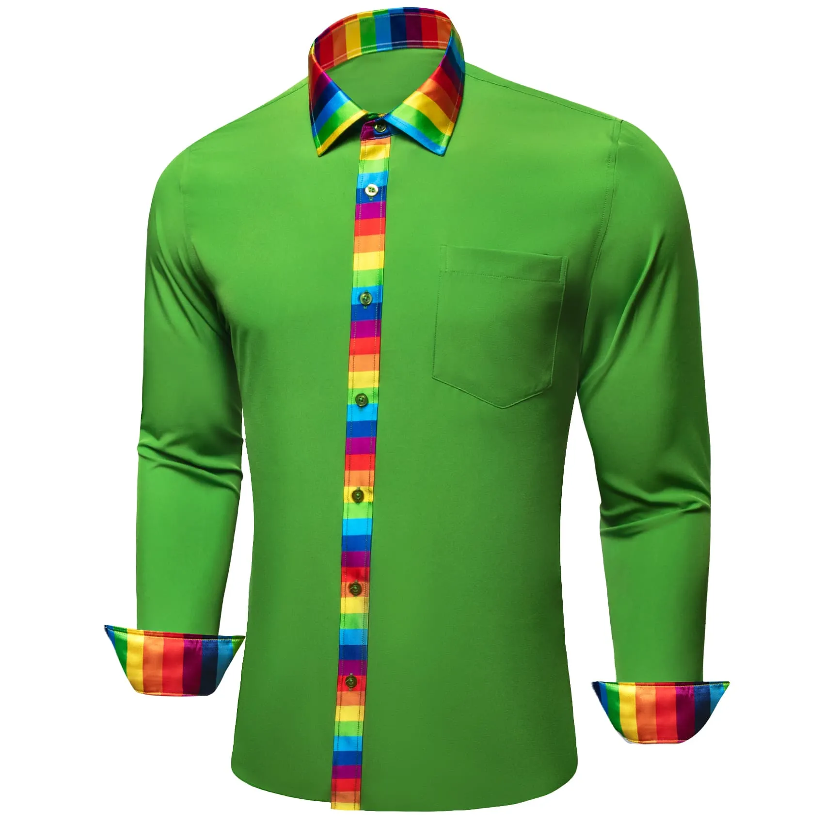 Ties2you Work Shirt Kelly Green Colorful Splicing Long Sleeve Silk Mens Button Up Shirt