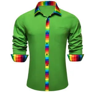 Ties2you Work Shirt Kelly Green Colorful Splicing Long Sleeve Silk Mens Button Up Shirt