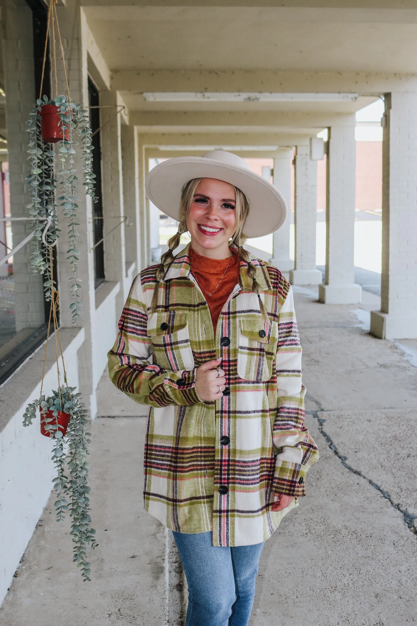 Tribal Cozy On Up Green Plaid Shacket